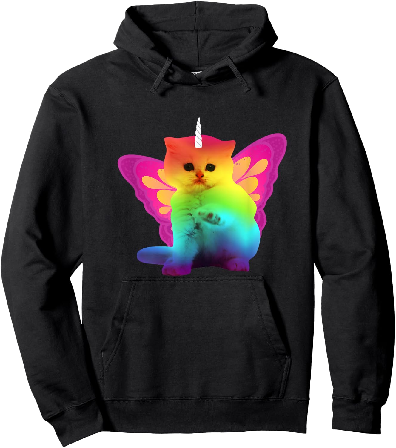 Unicorn Cat With Rainbow Butterfly Wings Men Women Girls Kids Hoodie - Hoodie | Black