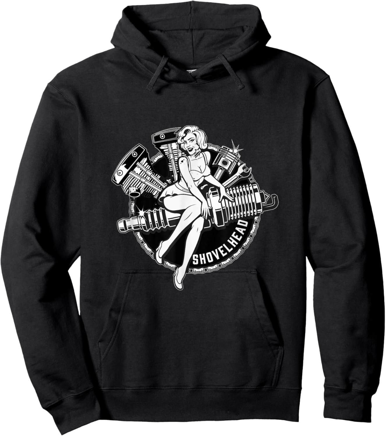 Vintage HD Motorcycle VTwin ShovelHead Engine Pin Up Retro Hoodie - Hoodie | Black