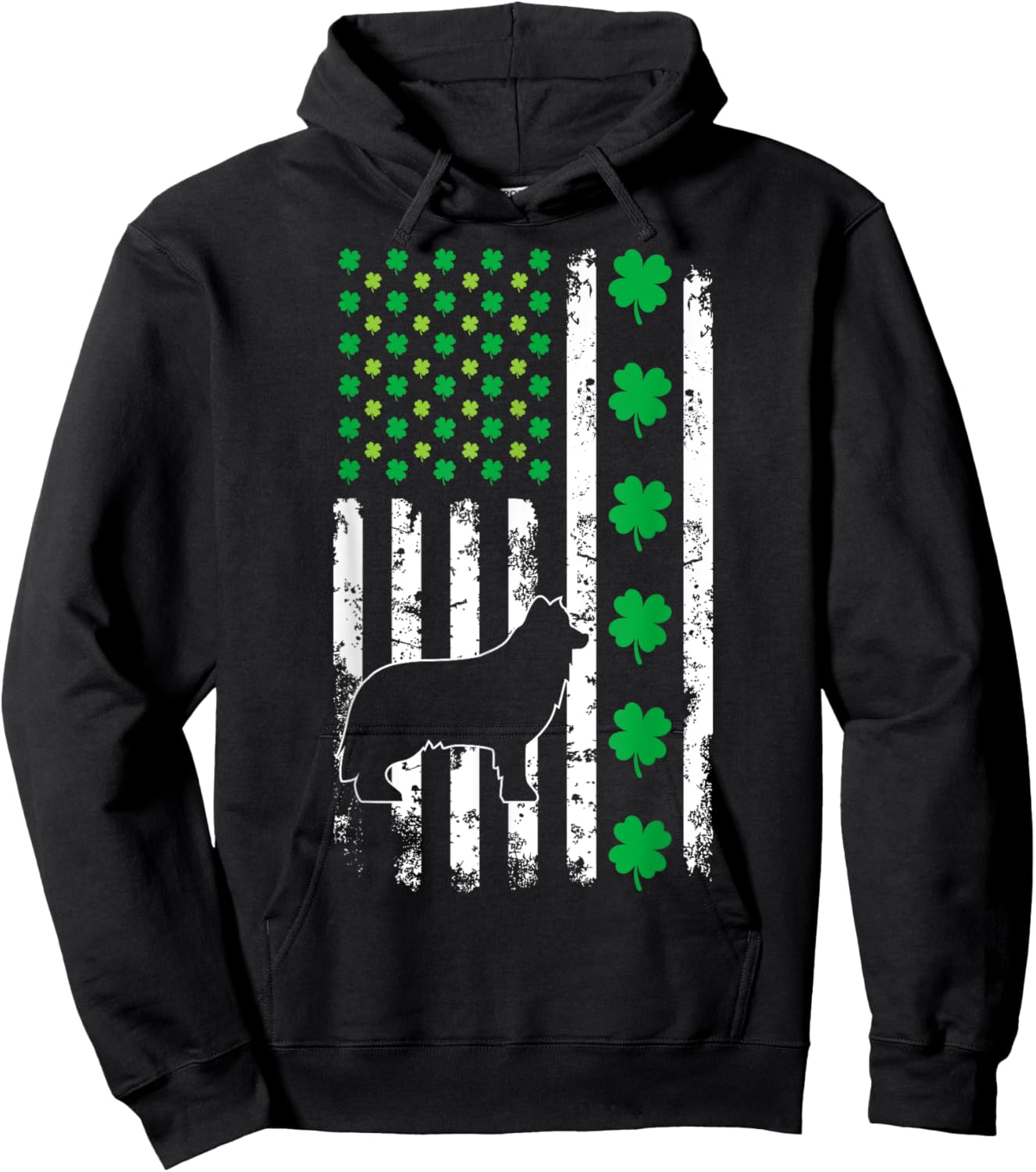 US American Flag Shamrocks Border Collie Lucky Clover Dog Hoodie - Hoodie | Black