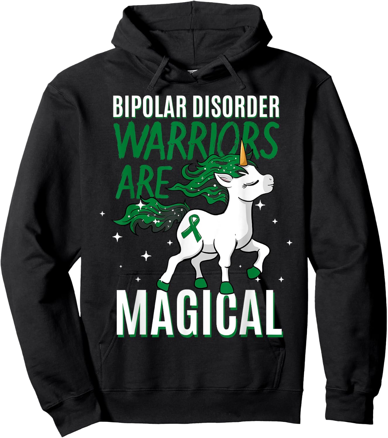 Bipolar Warrior Magical Unicorn Green Ribbon Mental Illness Hoodie - Hoodie | Black