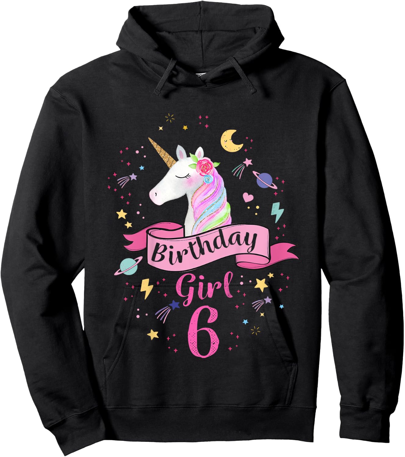 Kids 6th Birthday Girl Unicorn 6 Year Old Birthday Girl Hoodie - Hoodie | Black