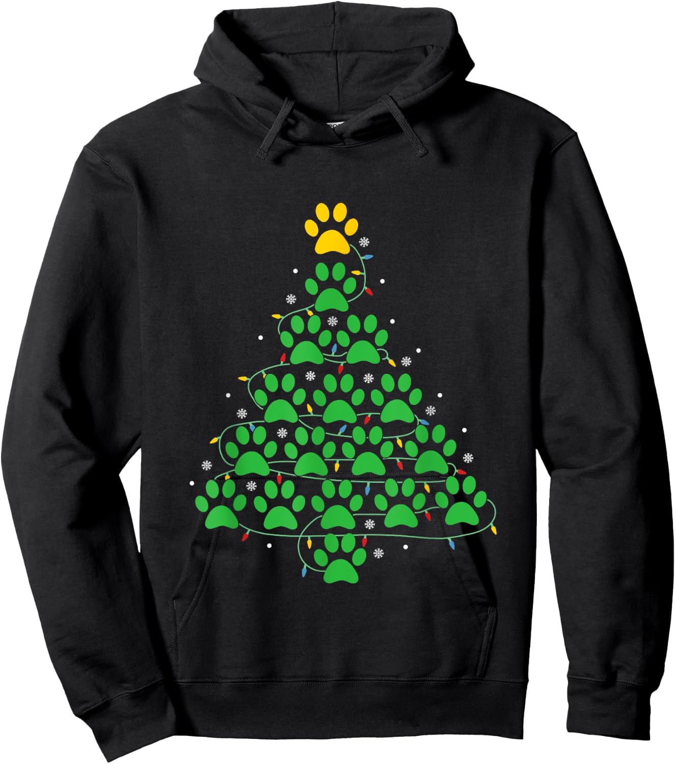 Dog Paw Christmas Design Lr -Adult Dog Paws Print Christmas Tree Lights Dog Lover Hoodie - Hoodie | Black