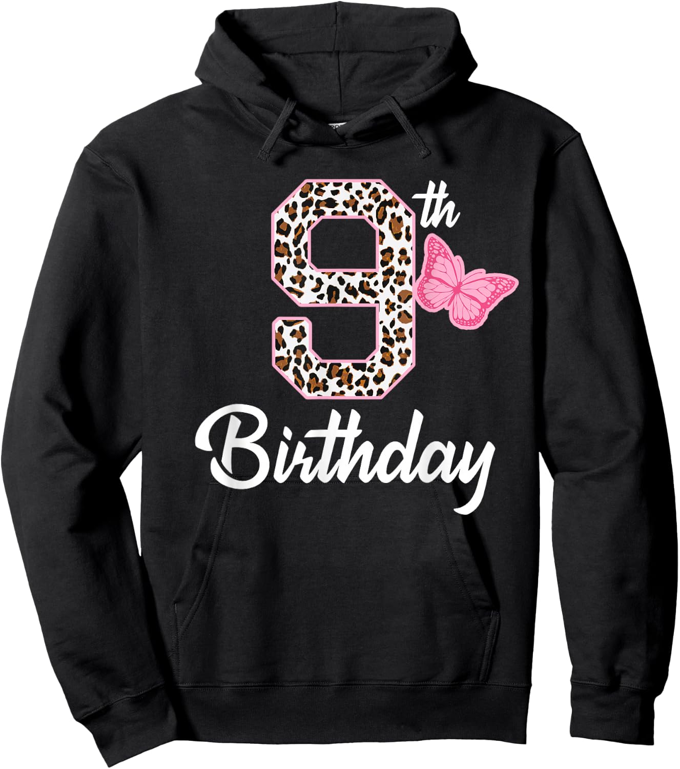 9th birthday 9 year old girl leopard Butterfly age 9 Hoodie - Hoodie | Black