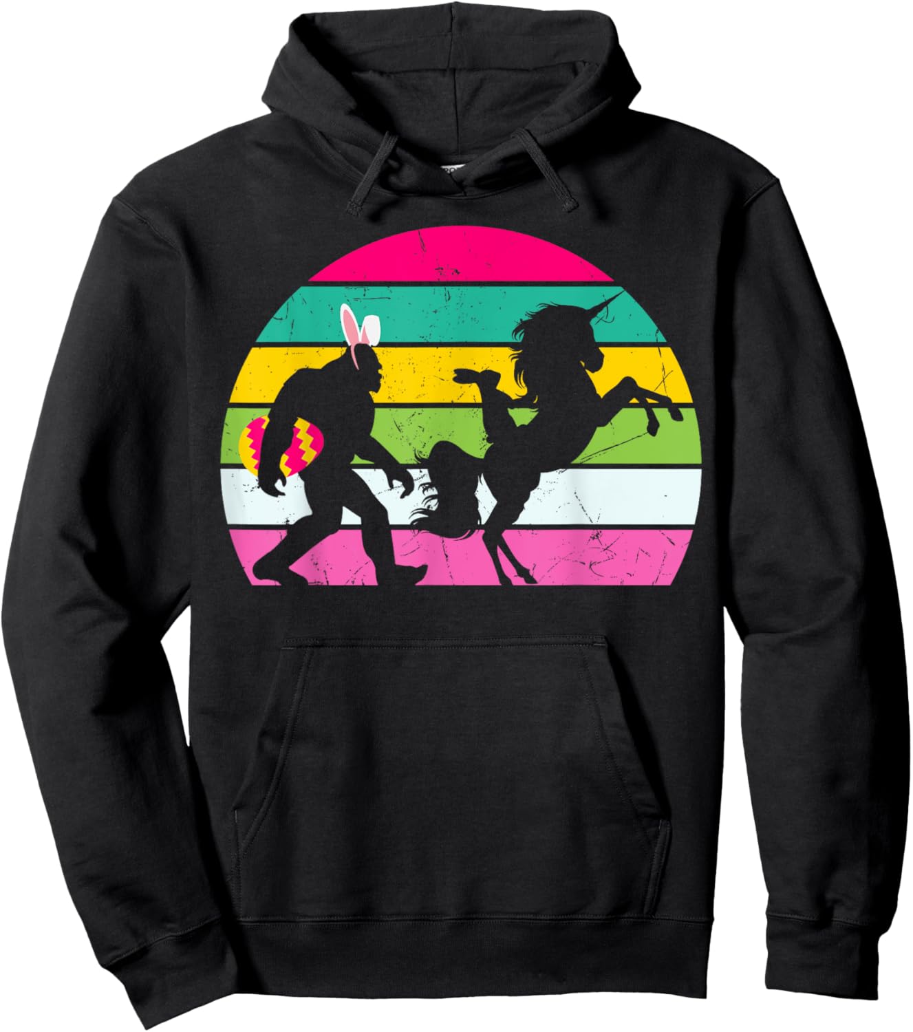 Bigfoot Unicorn Easter Bunny Retro Colorful Sunset Funny Hoodie - Hoodie | Black