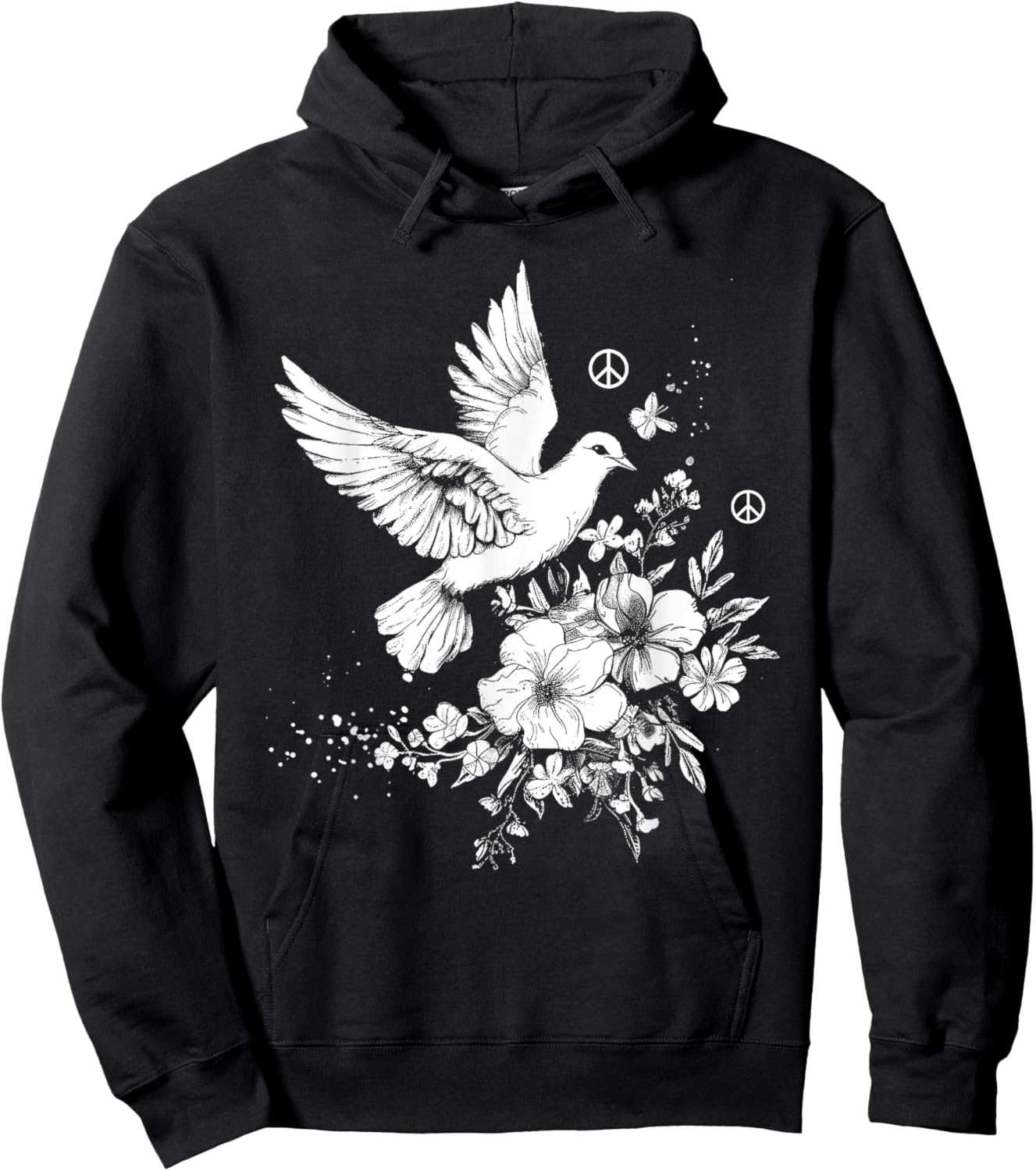 Dove White Pigeon Bird Vintage Peace Sign Flowers Hoodie - Hoodie | Black