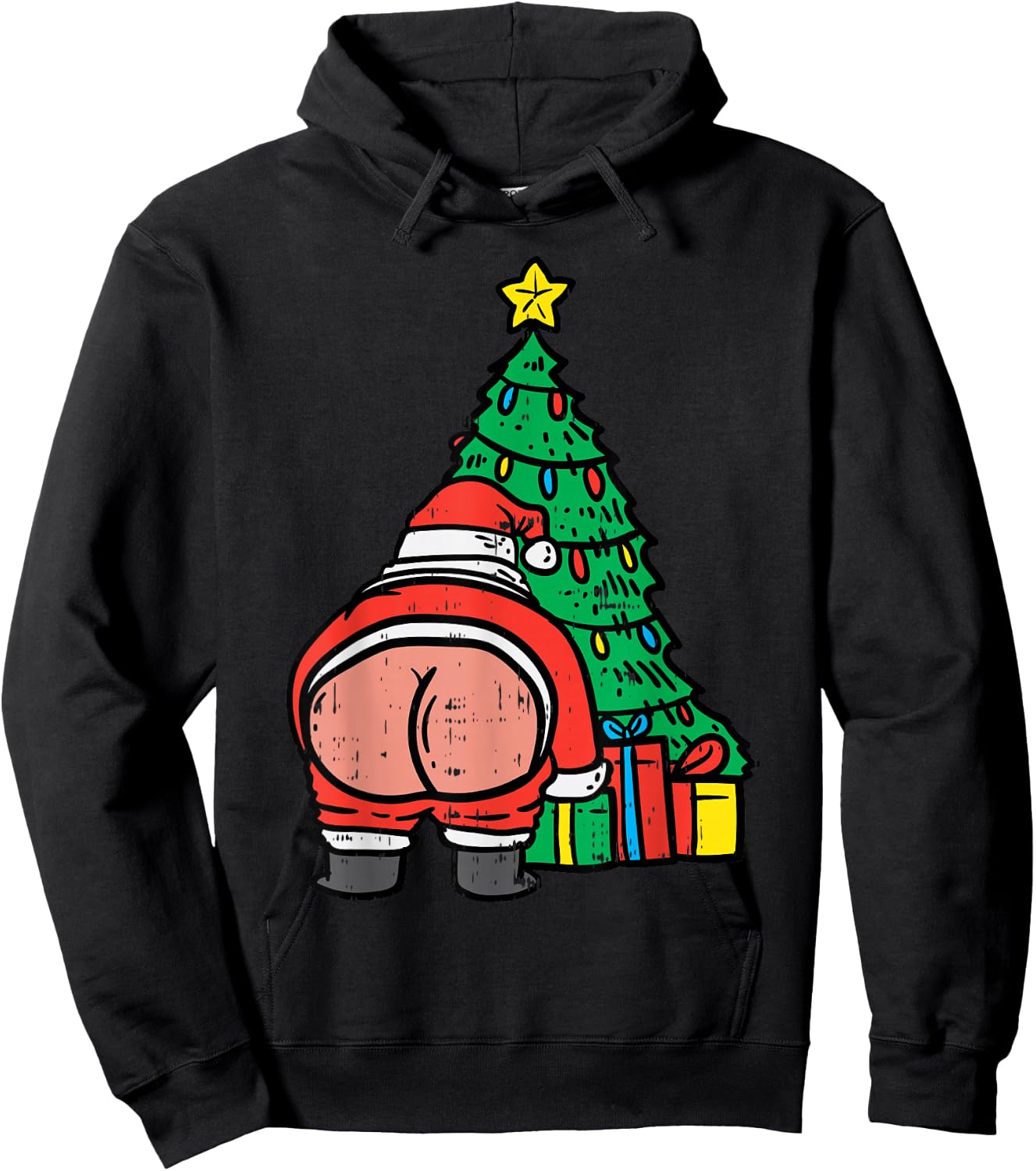 Santa Butt Christmas Tree Presents Funny Xmas Holiday PJ Hoodie - Hoodie | Black