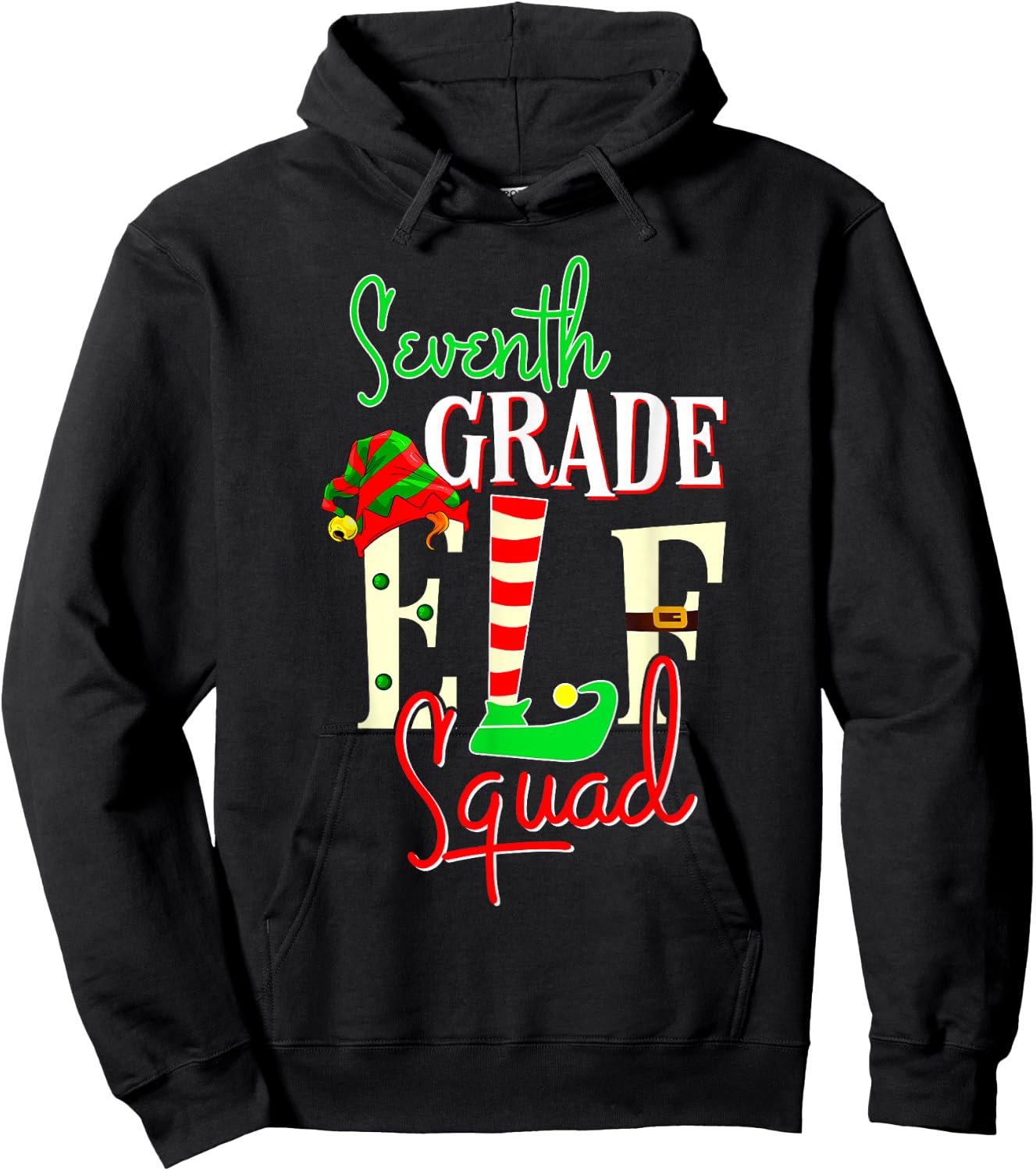 Seventh Grade Elf Squad Christmas Gift 7th Teacher Men Women Kids Hoodie - Hoodie | Black