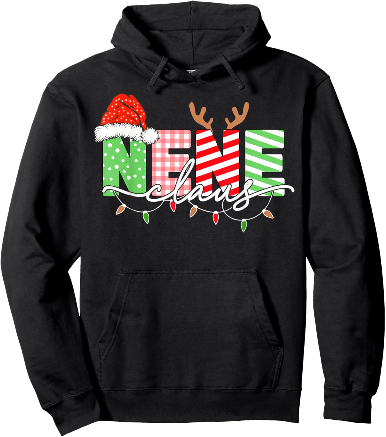 Nene Claus Christmas Lights Santa Hat Family Matching Hoodie - Hoodie | Black