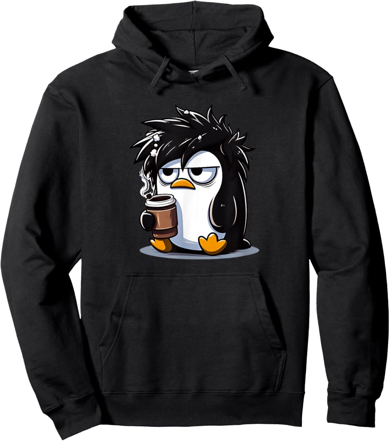 Funny Linux Tux Penguin Coffee Cartoon Grumpy Stressed Hoodie - Hoodie | Black