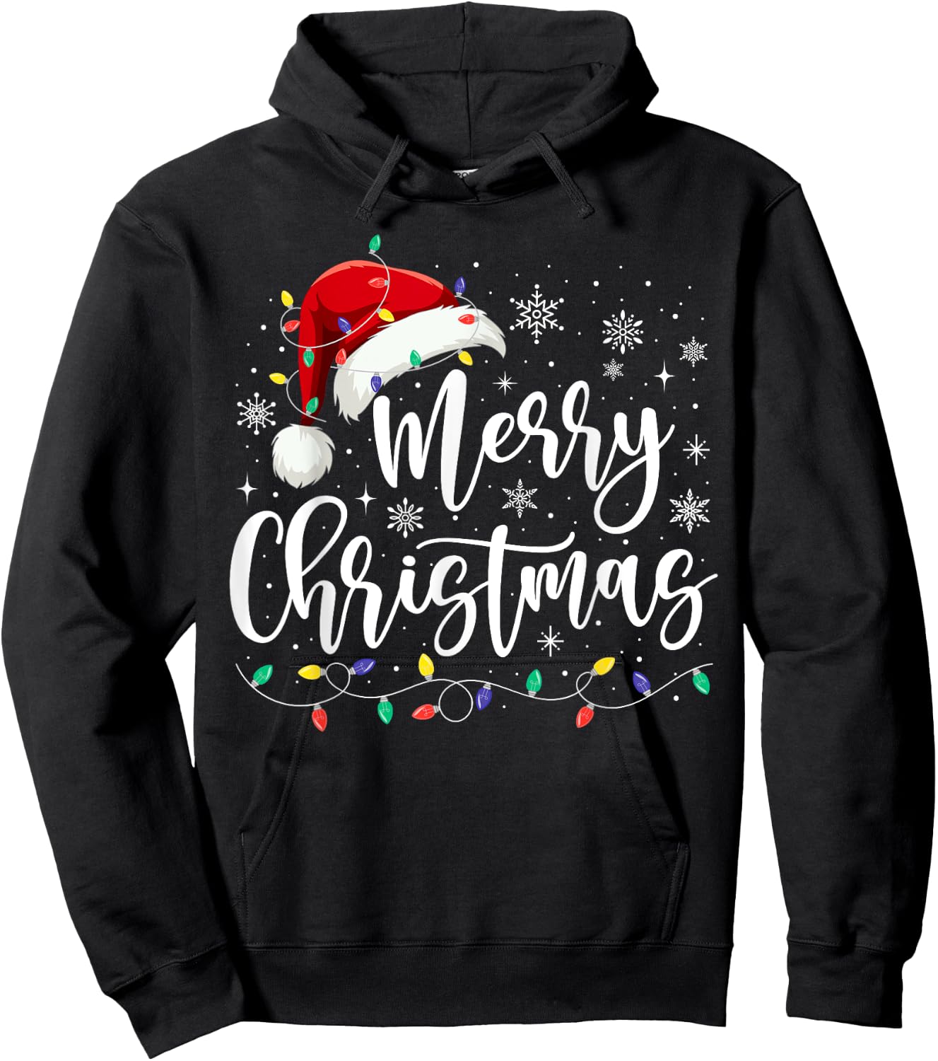 Merry Christmas Lights Red Santa Hat Xmas Family Men Women Hoodie - Hoodie | Black
