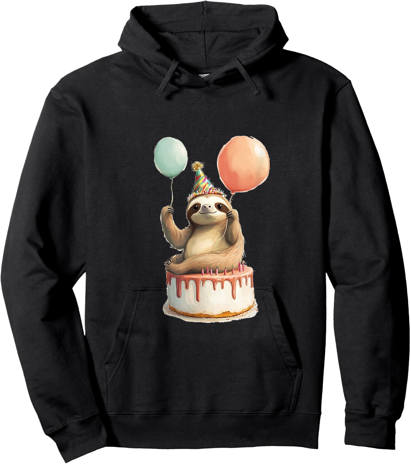 Sloth Happy Birthday Balloon Party Cake Hoodie - Hoodie | Black