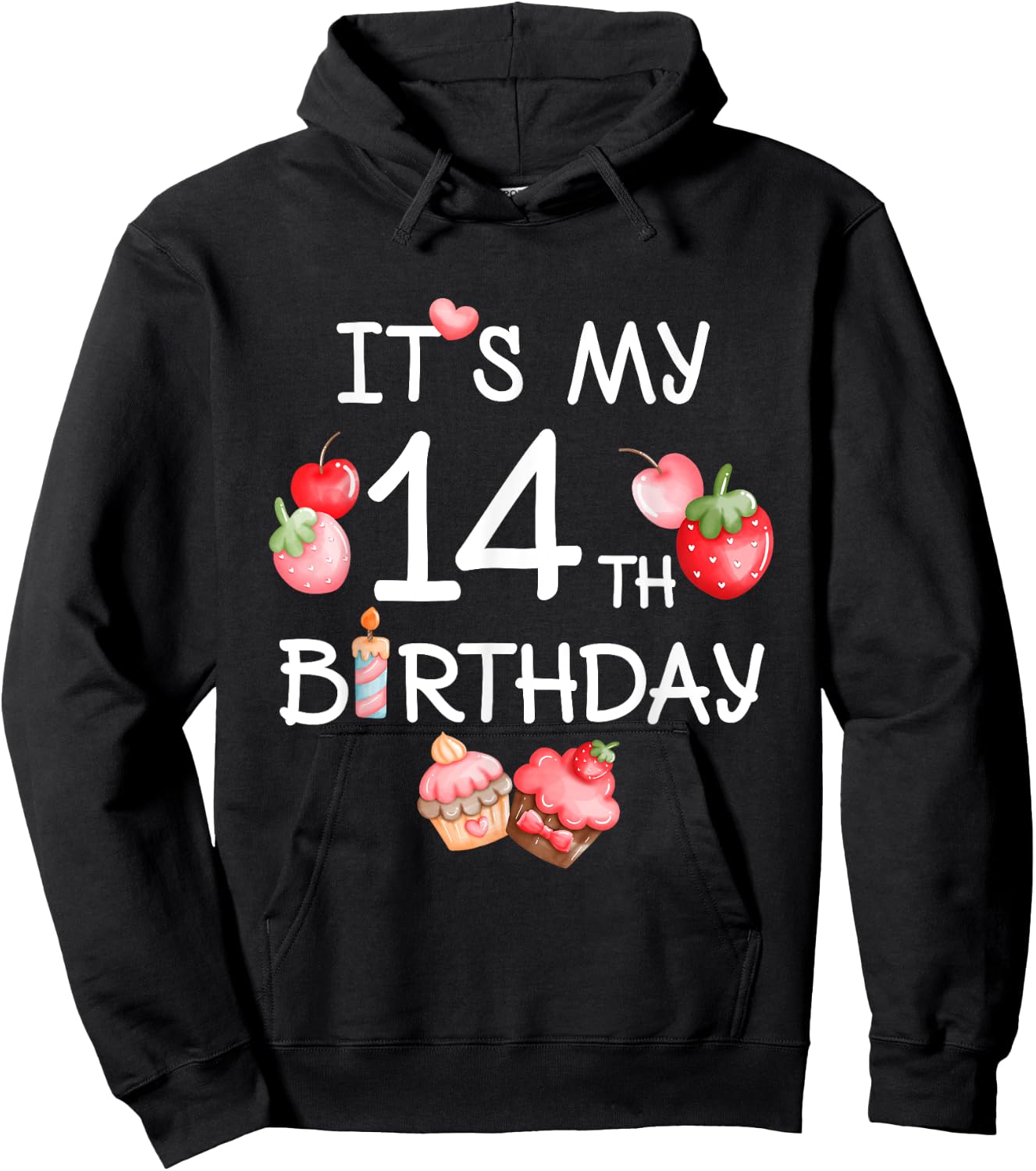 Its My 14th Birthday Cute Strawberry Cherry 14 Year Old Girl Hoodie - Hoodie | Black