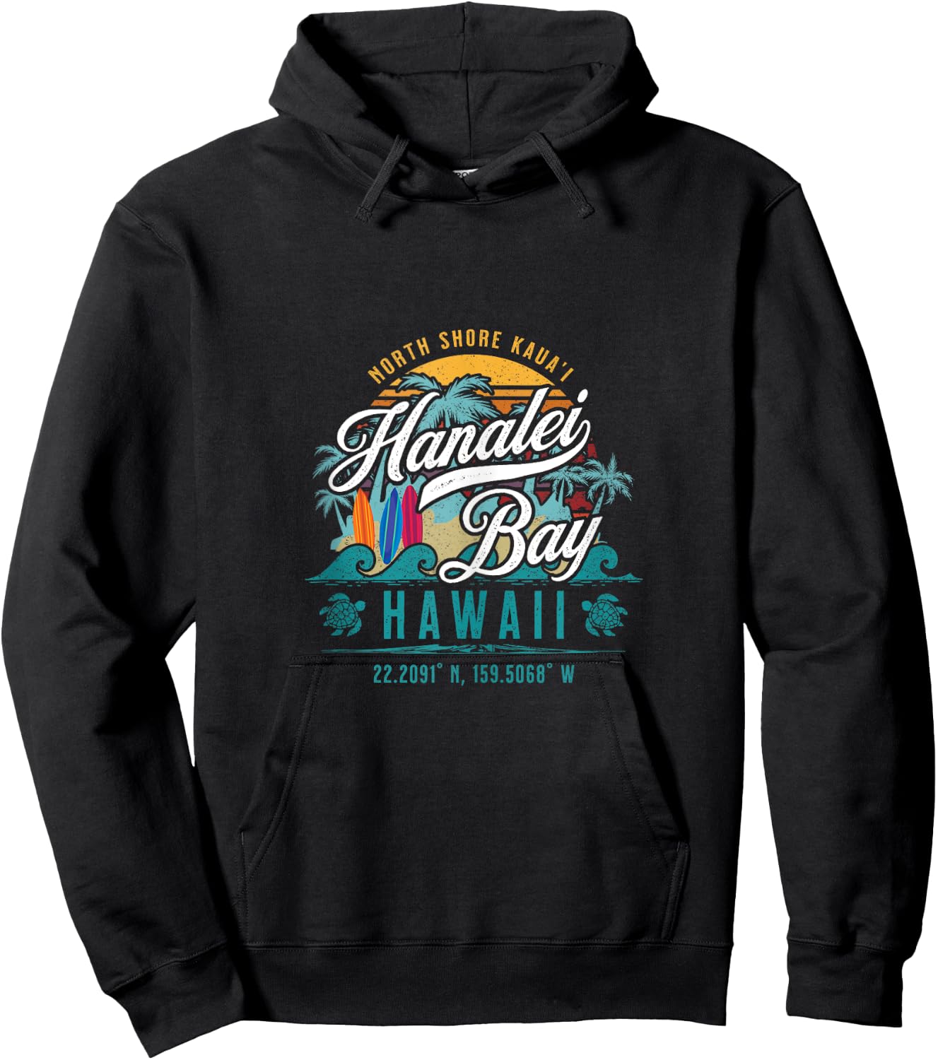 Hanalei Bay North Shore Kauai Hawaii Retro Sun Surf Fishing Hoodie - Hoodie | Black