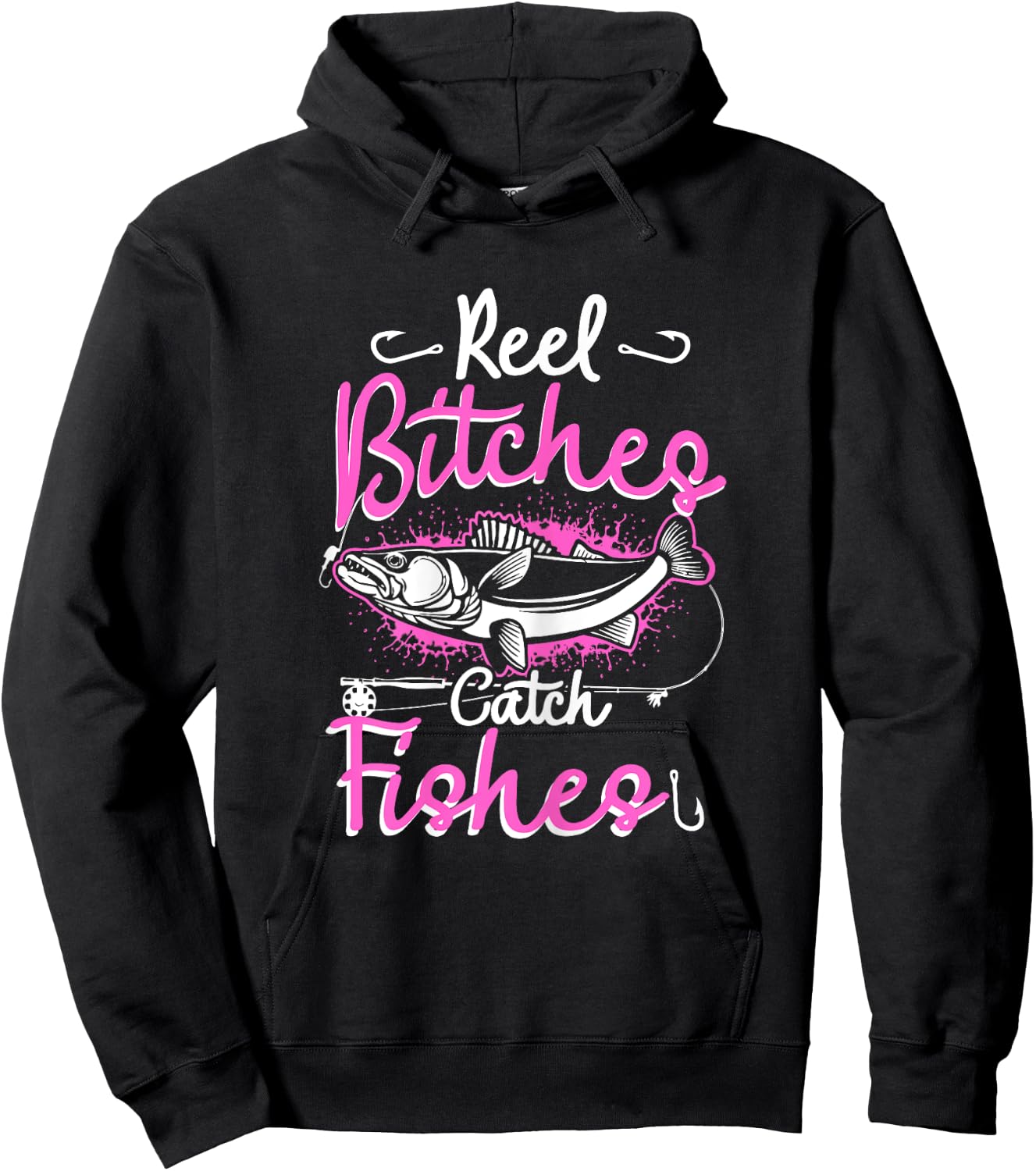 Reel Bitches Catch Fishes Funny Fly Fishing Pink Fish Hoodie - Hoodie | Black