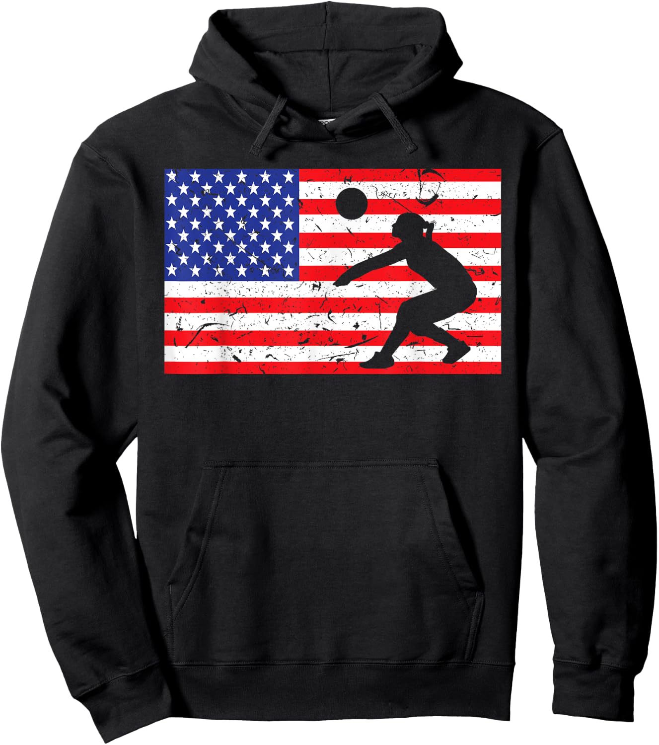 Distressed Volleyball USA American Flag Vintage Mine Player Hoodie - Hoodie | Black