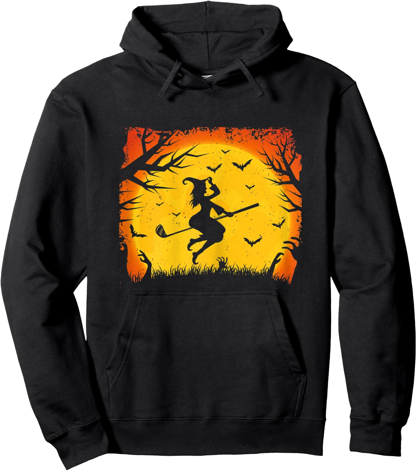 Golf Witch Riding Golf Stick Funny Halloween Golf Player Hoodie - Hoodie | Black
