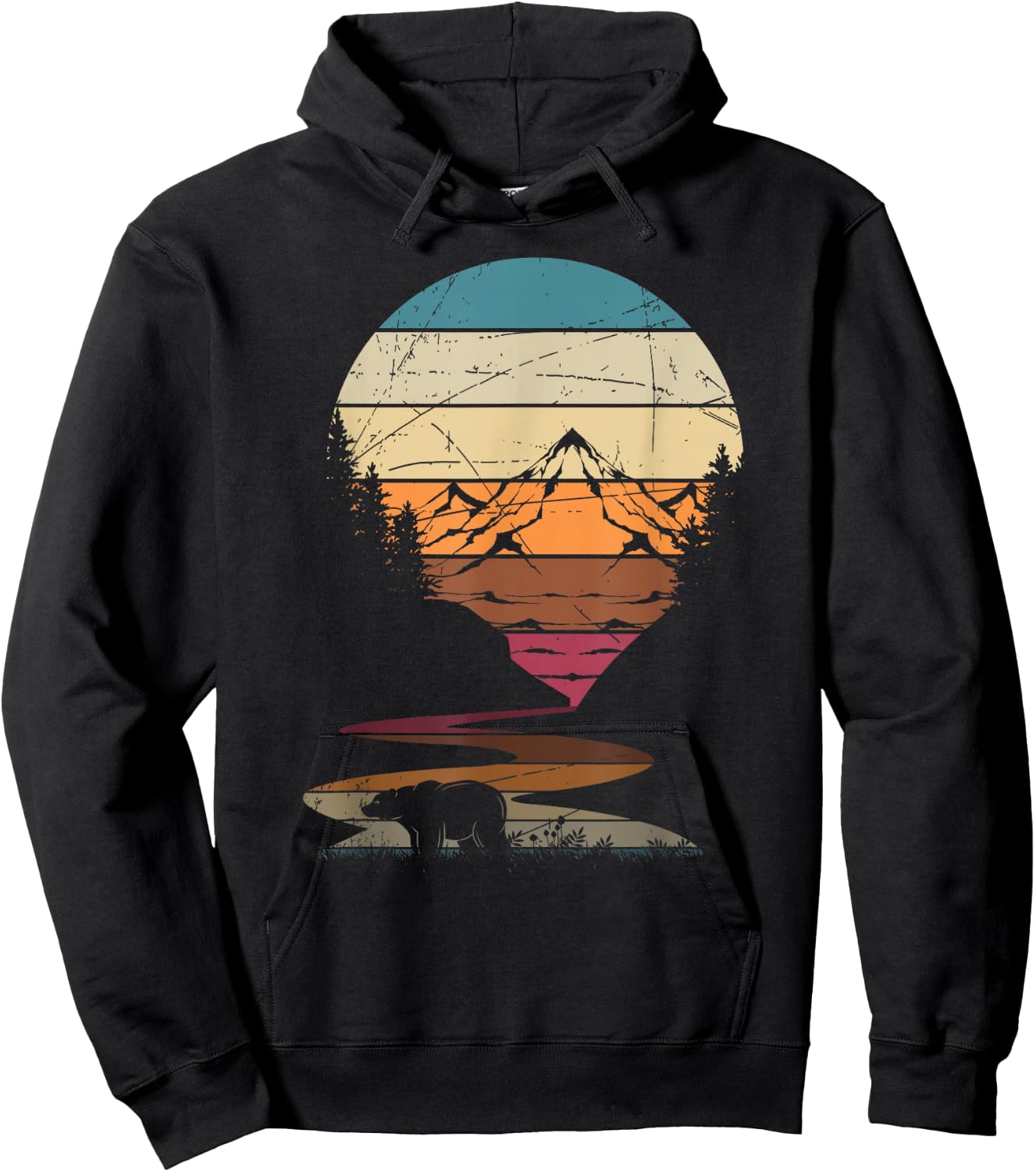 Retro Outdoor Nature Trees Bear Mountains Forest Hiking Hoodie - Hoodie | Black