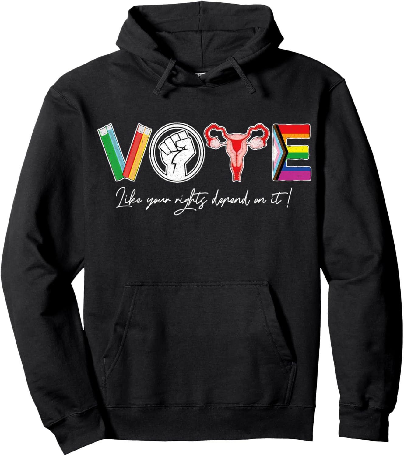 Vote Books Fist Uterus LGTBQ Flag Retro Pro Choice Liberal Hoodie - Hoodie | Black