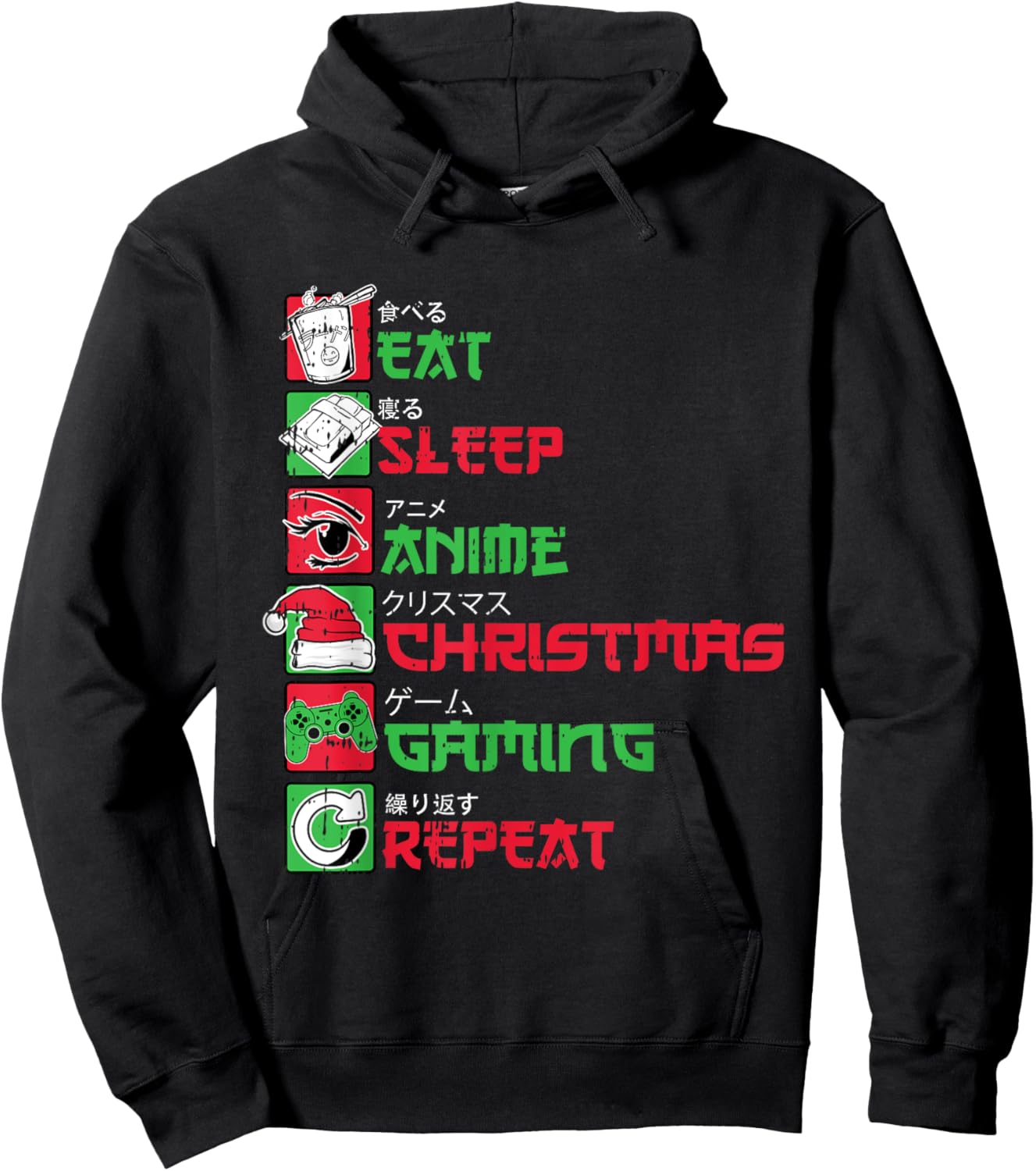 Eat Sleep Anime Gaming Christmas Pajama X-Mas Holiday Gamer Hoodie - Hoodie | Black