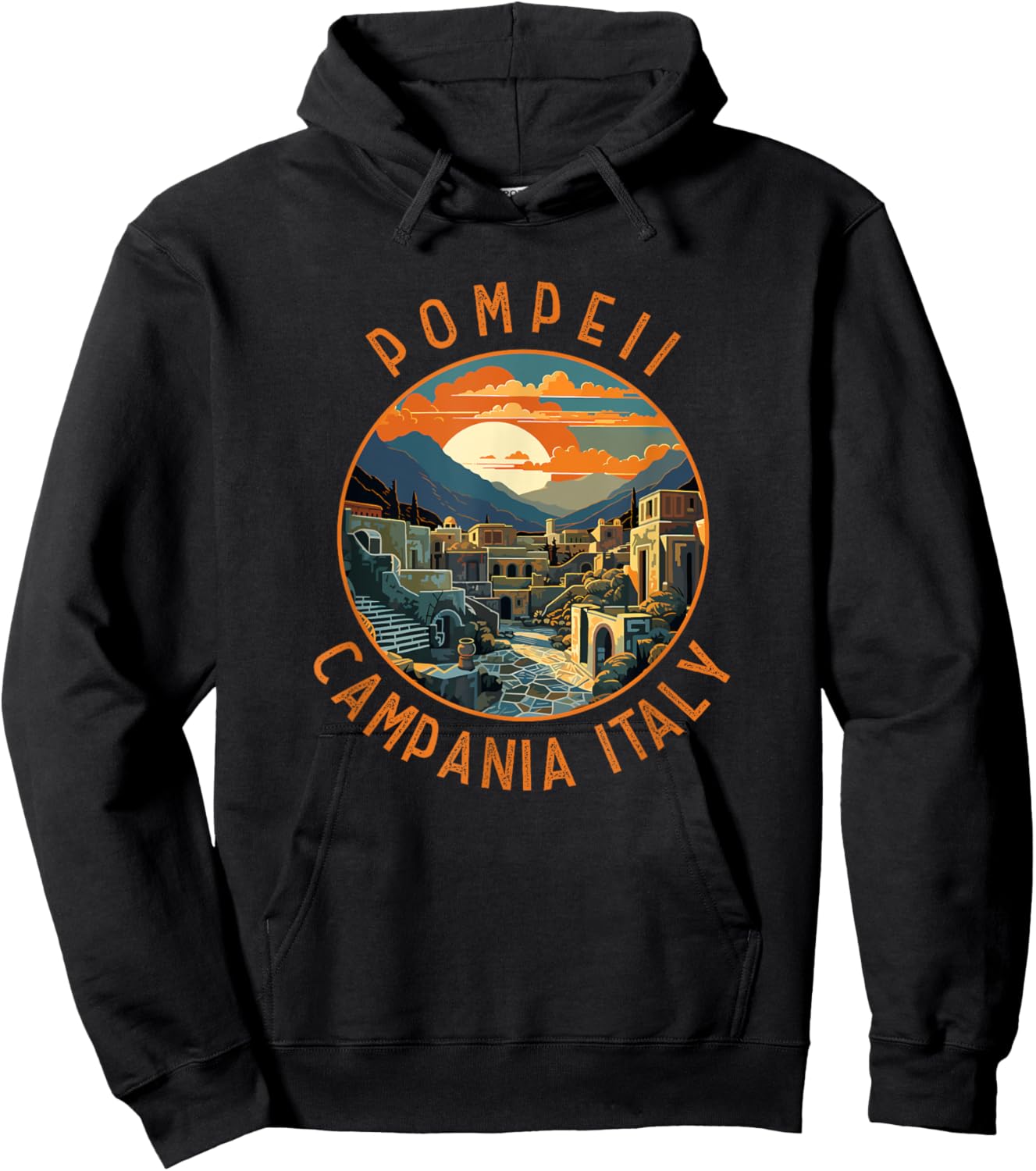 Pompeii Campania Italy Retro Distressed Circle Hoodie - Hoodie | Black