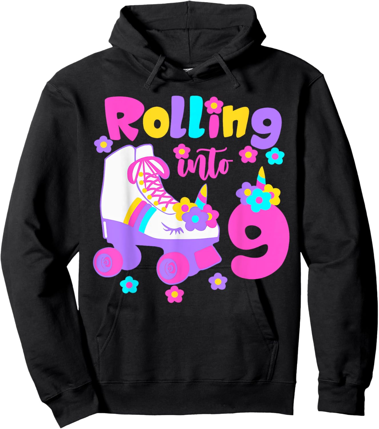 Rolling Into 9 Years Old Roller Skating Girl 9th Birthday Hoodie - Hoodie | Black