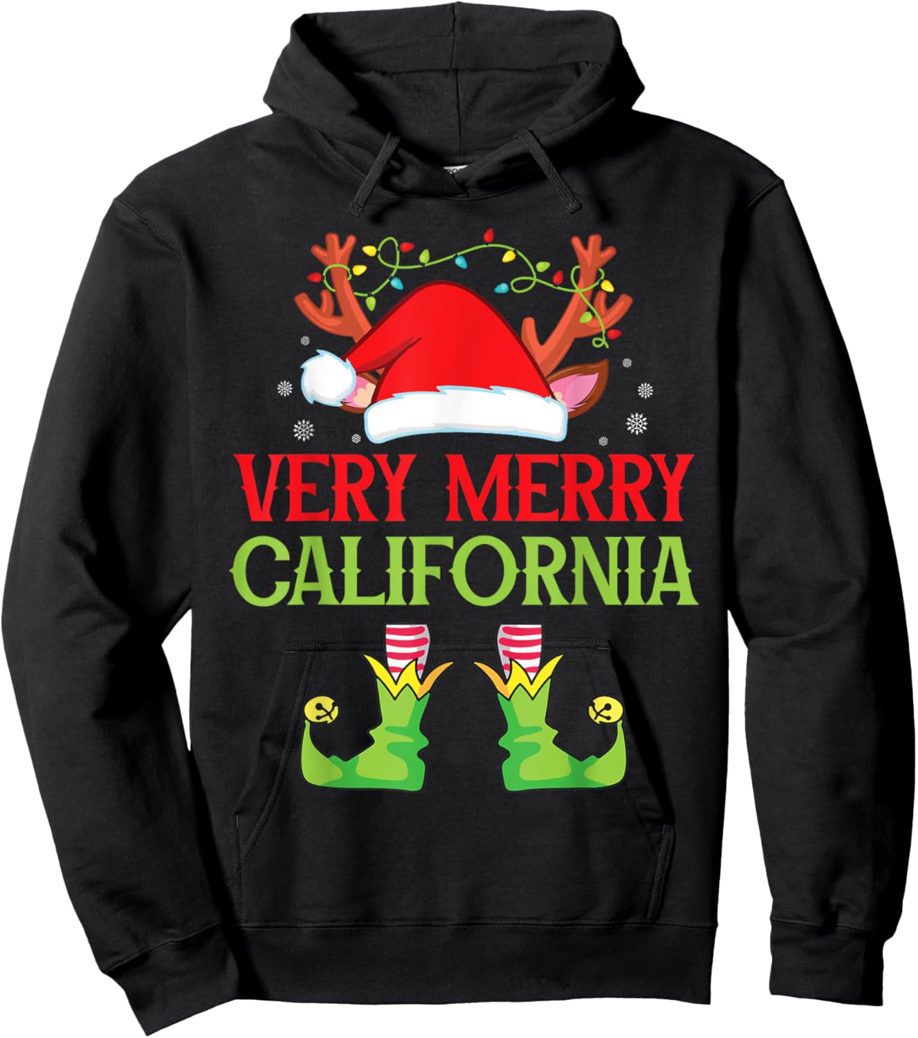 Festive Christmas Elf & Santa Claus Very Merry in CALIFORNIA Hoodie - Hoodie | Black