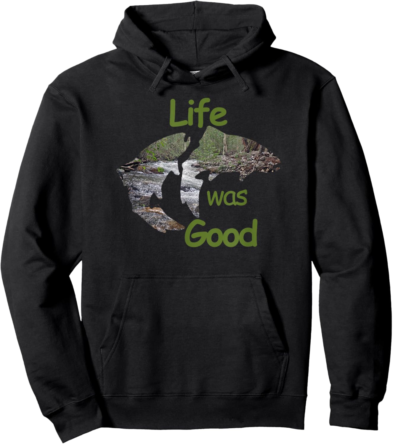 Life Was Good (LWG) Two Trout with inlay stream scene. Hoodie - Hoodie | Black