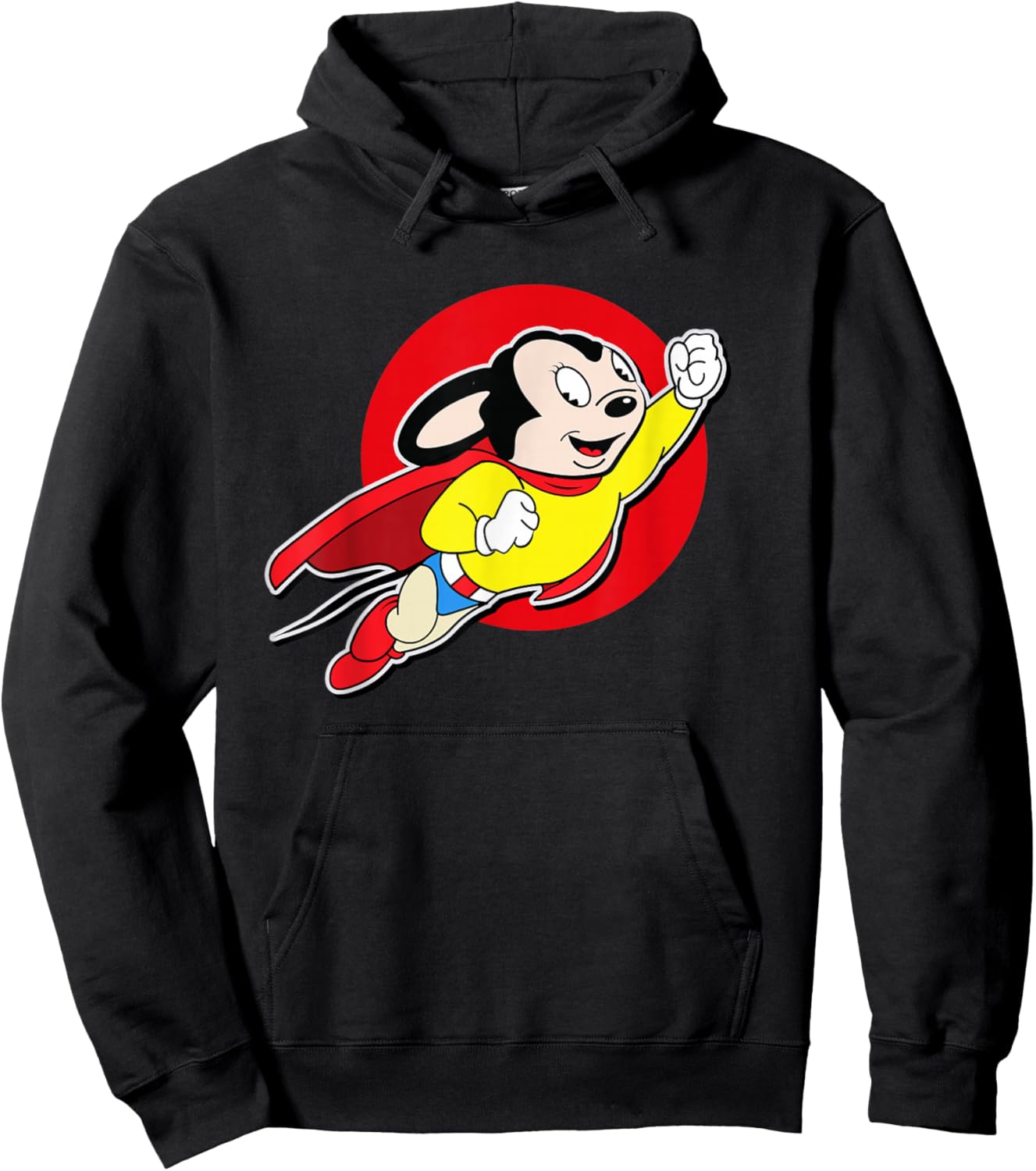 Superhero Cartoon Mouse Rockets Up in Mighty Retro Cartoon Hoodie - Hoodie | Black
