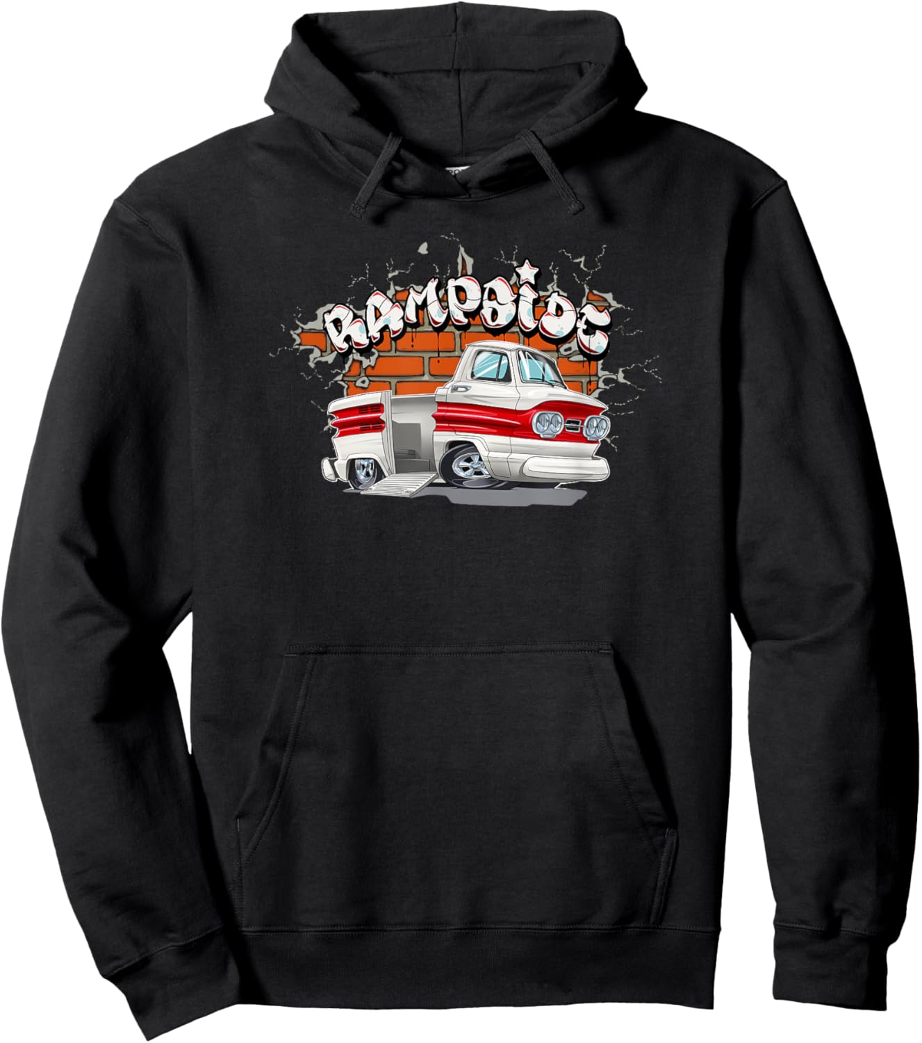 Corvair Rampside Pickup Truck Cartoon Graffiti Brick Wall Hoodie - Hoodie | Black