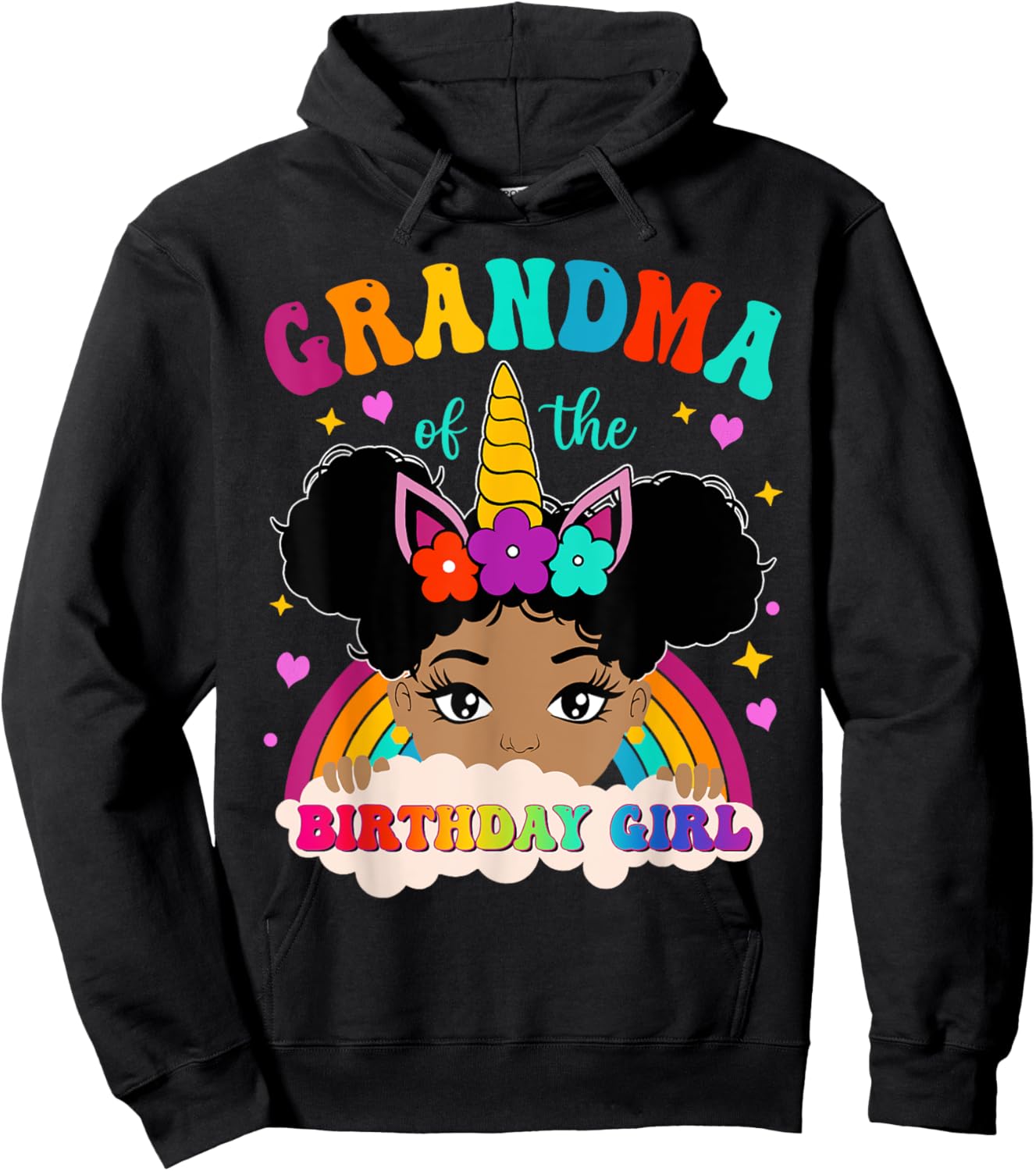 Grandma of The Birthday Girl Rainbow Afro Melanin Unicorn Hoodie - Hoodie | Black