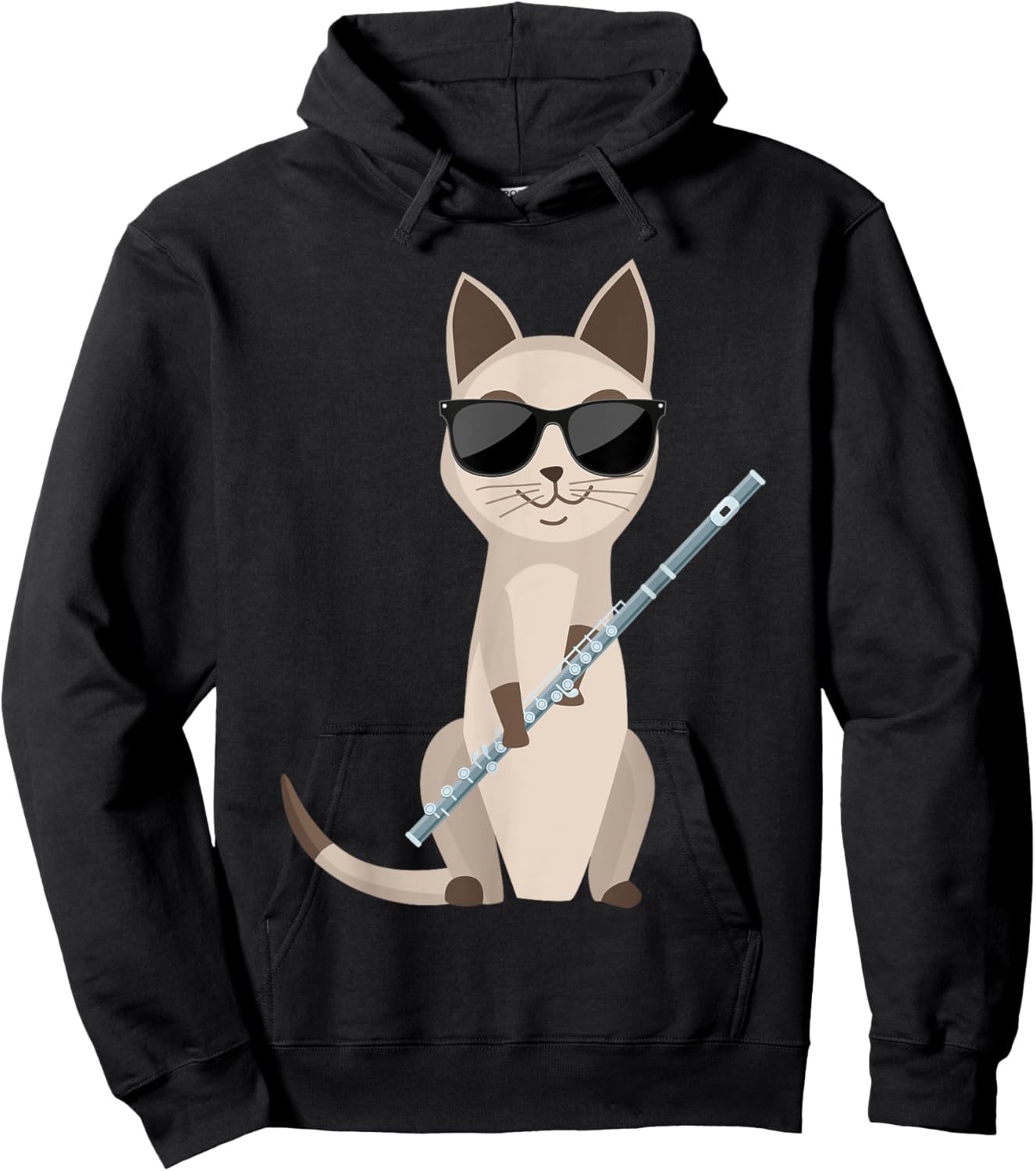 Funny Cat Wearing Sunglasses Playing Flute Flutist Cat Women Girls Kids Hoodie - Hoodie | Black