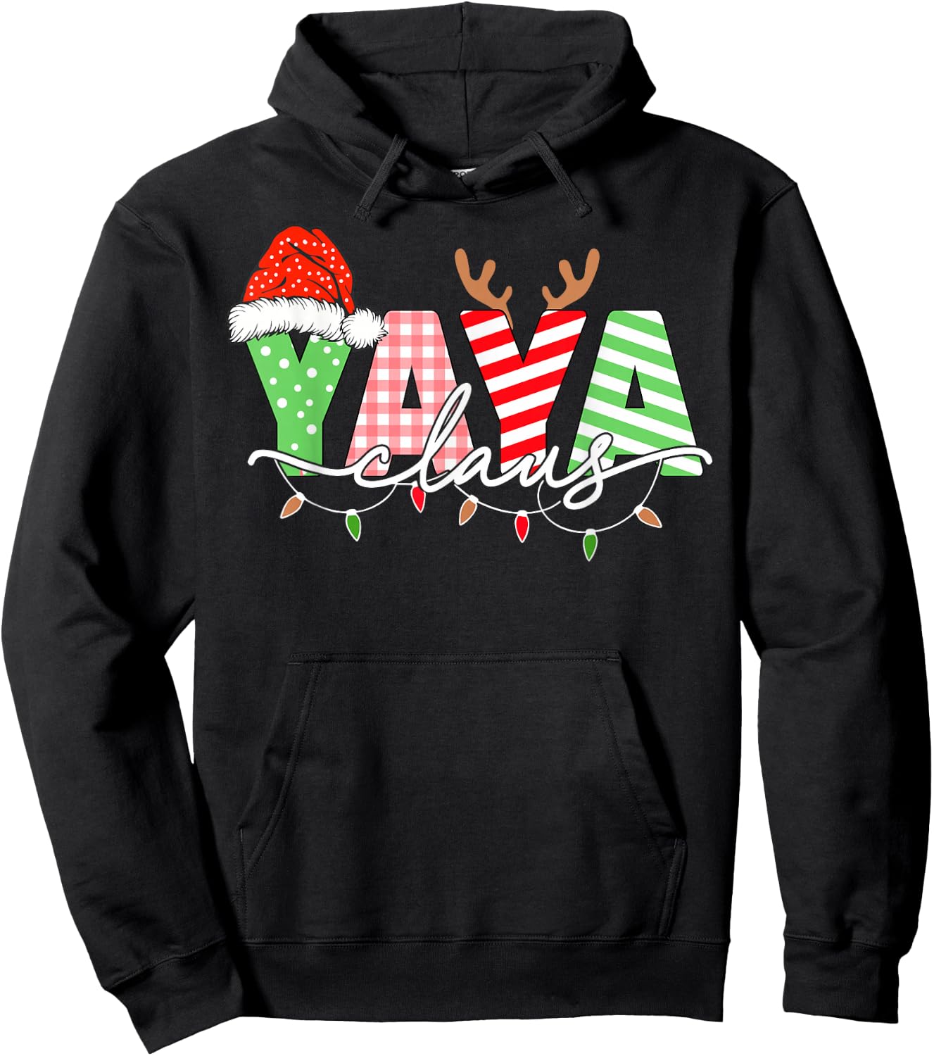 Yaya Claus Christmas Lights Santa Hat Family Matching Hoodie - Hoodie | Black