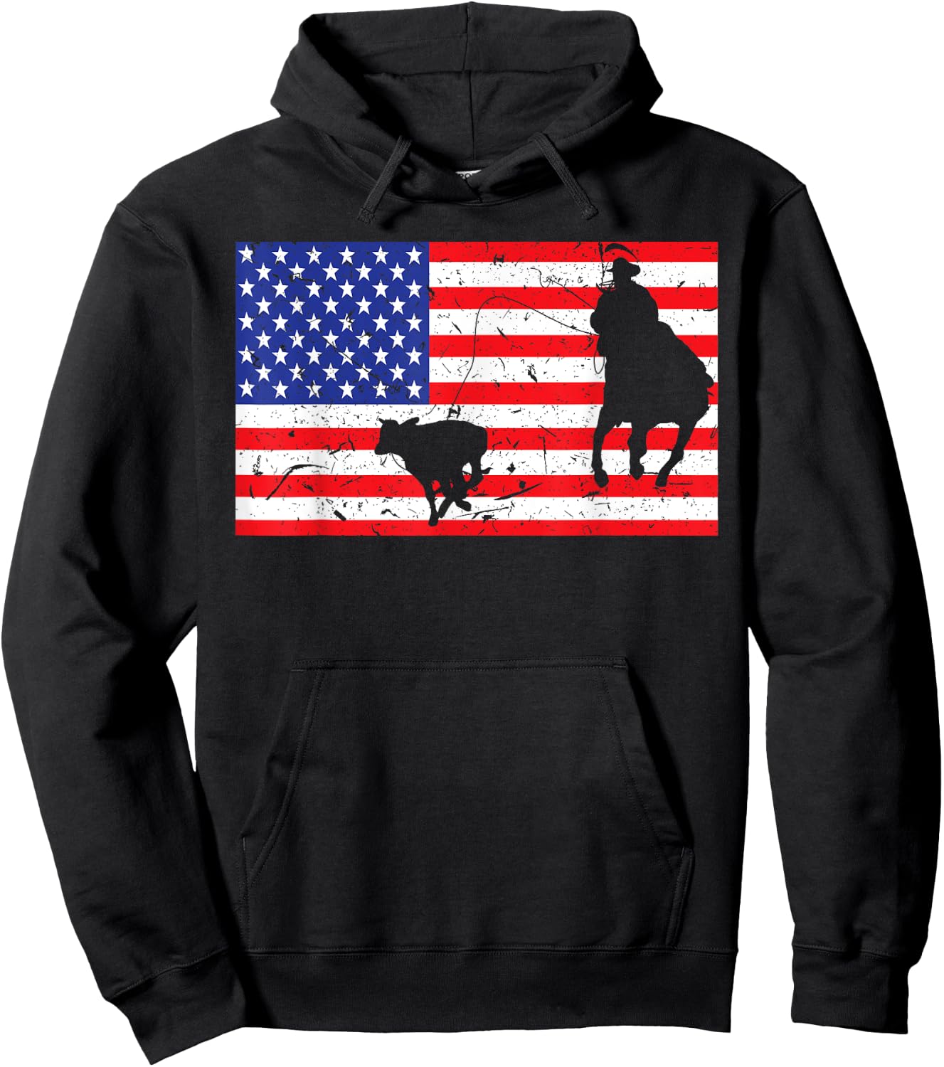 Distressed Roping USA American Flag Vintage Rodeo Calf Roper Hoodie - Hoodie | Black