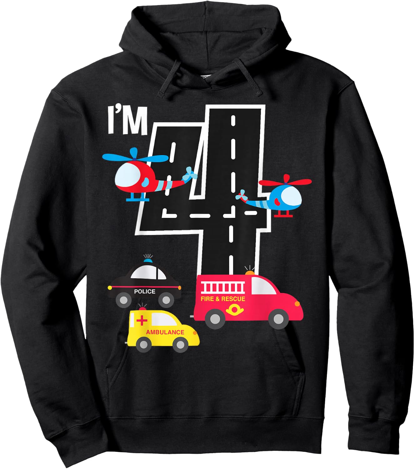 4th Birthday Fire Truck Police Car Ambulance 4 Year Toddler Hoodie - Hoodie | Black