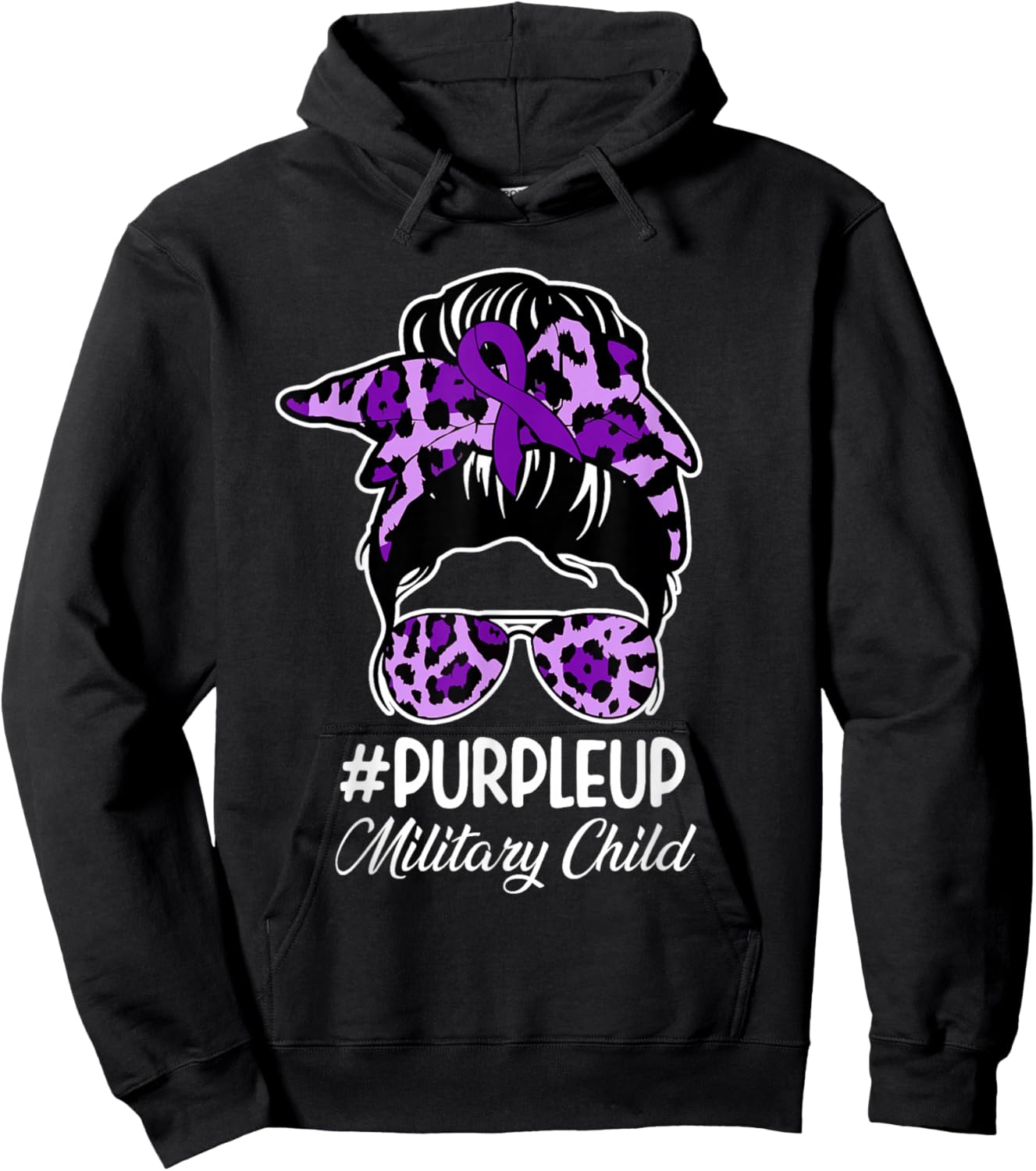 Bleached Purple Up for Military Kids Messy Bun Mom Hoodie - Hoodie | Black
