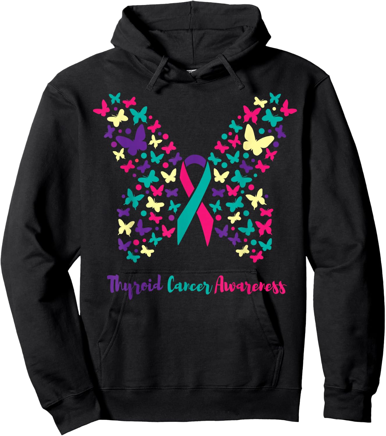 Thyroid Cancer Awareness Shirt, Butterfly Teal, Pink, Purple Hoodie - Hoodie | Black