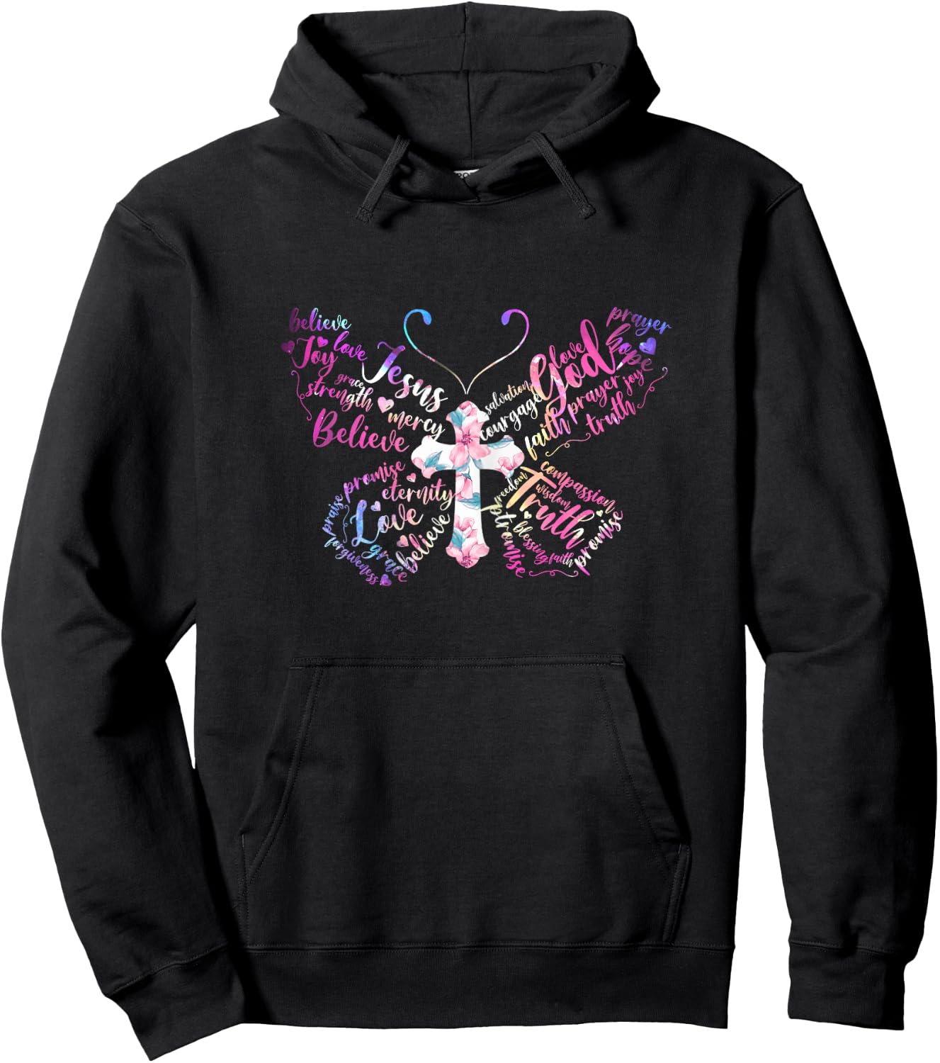 Butterfly Prayer Jesus Christian Cross Floral Pattern Hoodie - Hoodie | Black