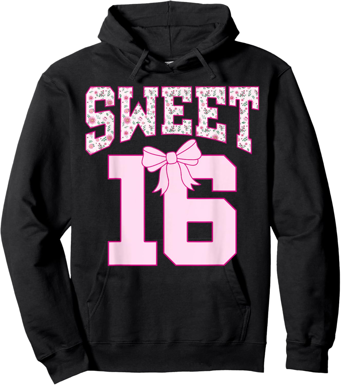 Sweet 16 Coquette Bow Groovy Pink Floral 16th Birthday Hoodie - Hoodie | Black