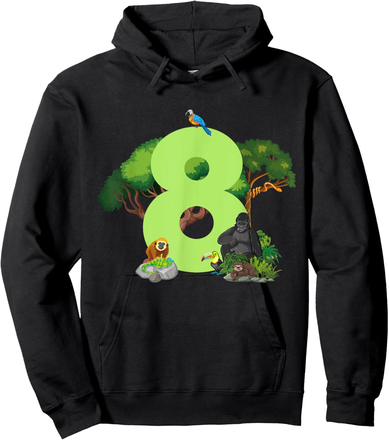 8th Birthday Jungle Animals Safari Rainforest 8 Year Old Hoodie - Hoodie | Black