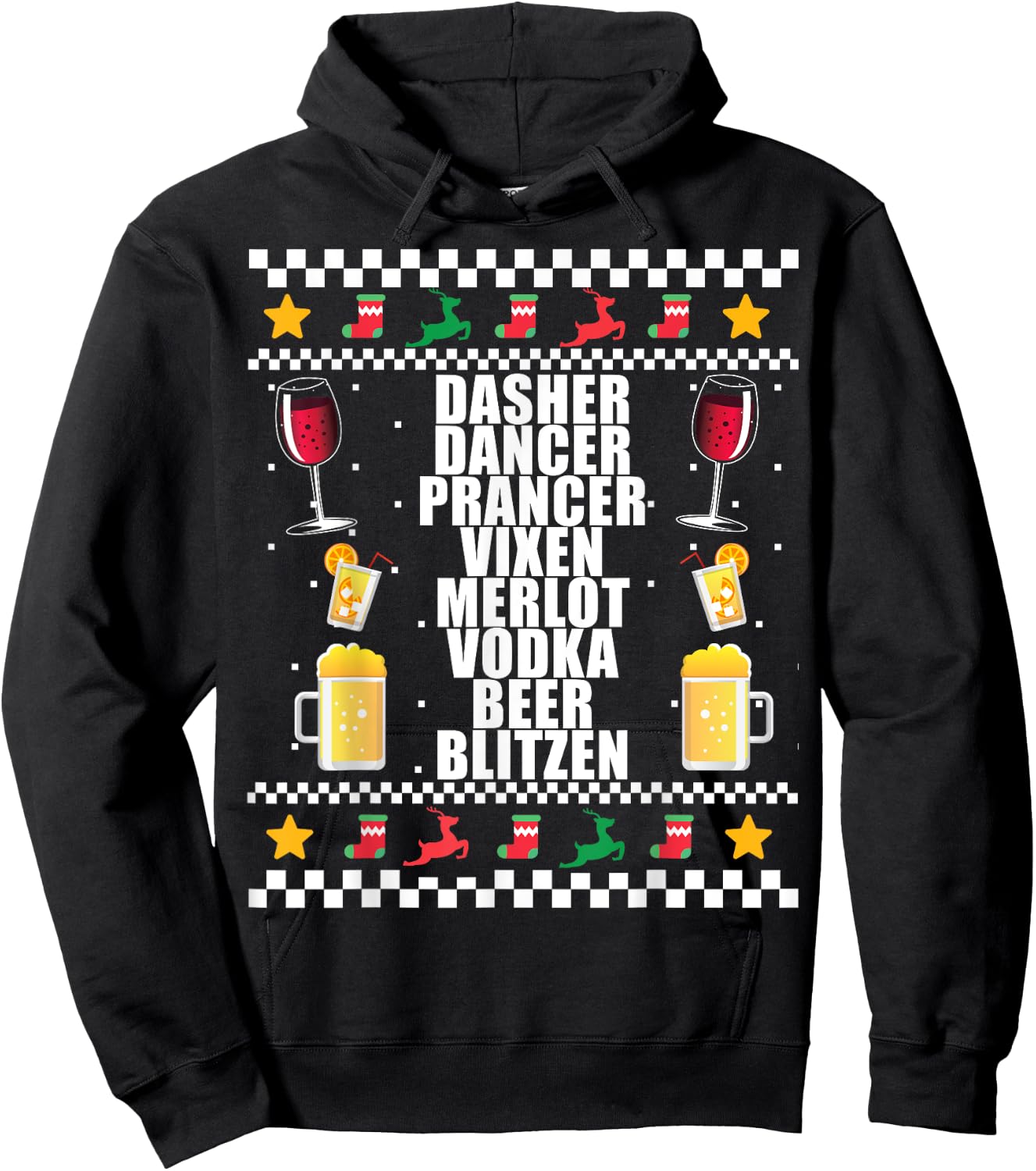 DASHER VODKA BLITZEN Alcohol Reindeer Ugly Christmas Sweater Hoodie - Hoodie | Black