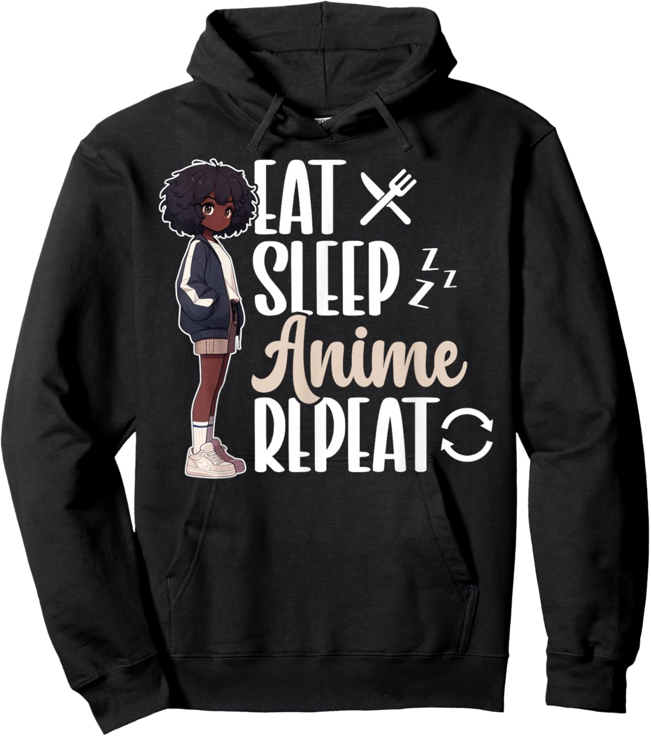 Eat Sleep Anime Repeat African American Afro Anime Merch Hoodie - Hoodie | Black