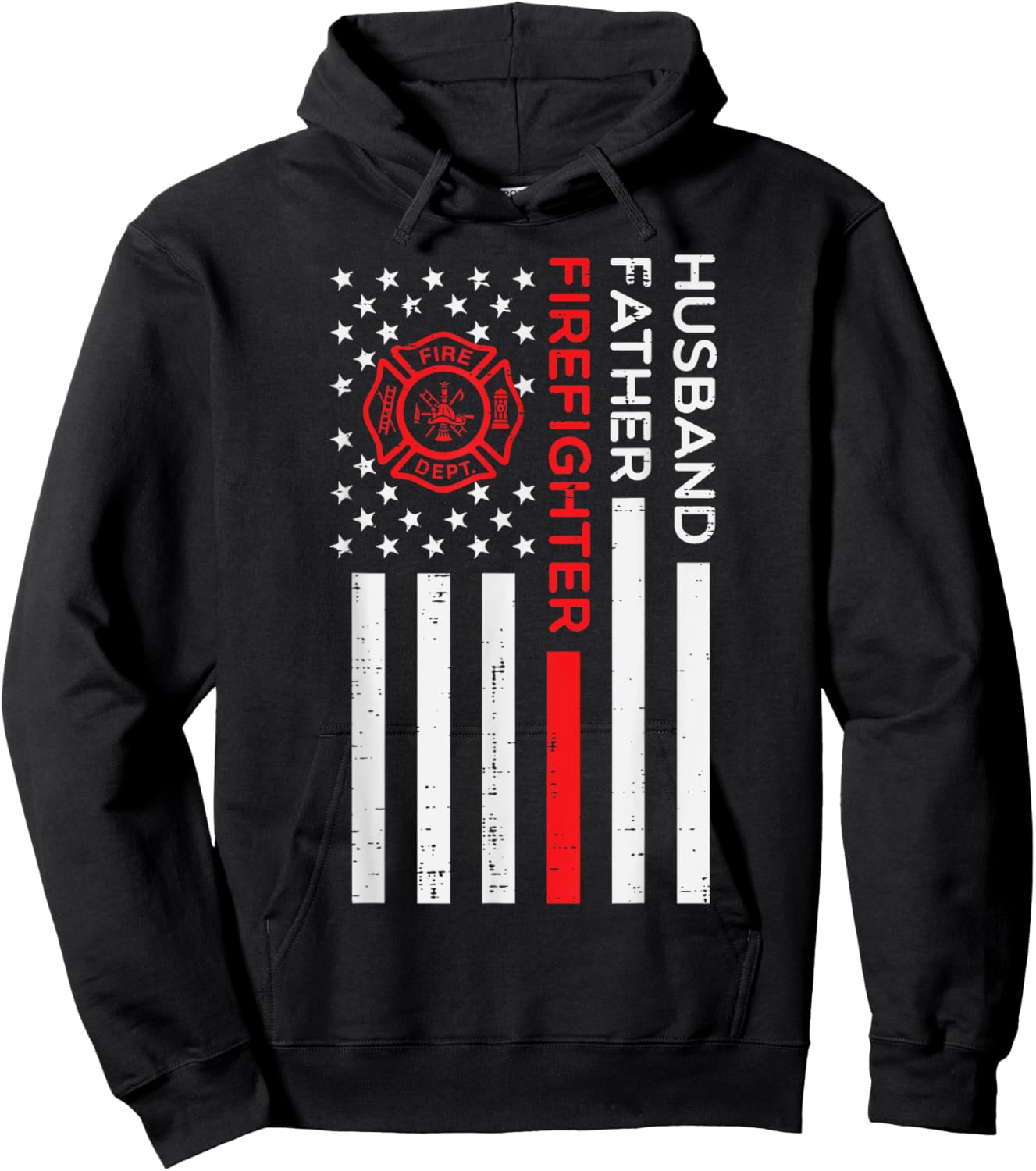 Husband Father Firefighter US Flag Fathers Day Fireman Men Hoodie - Hoodie | Black
