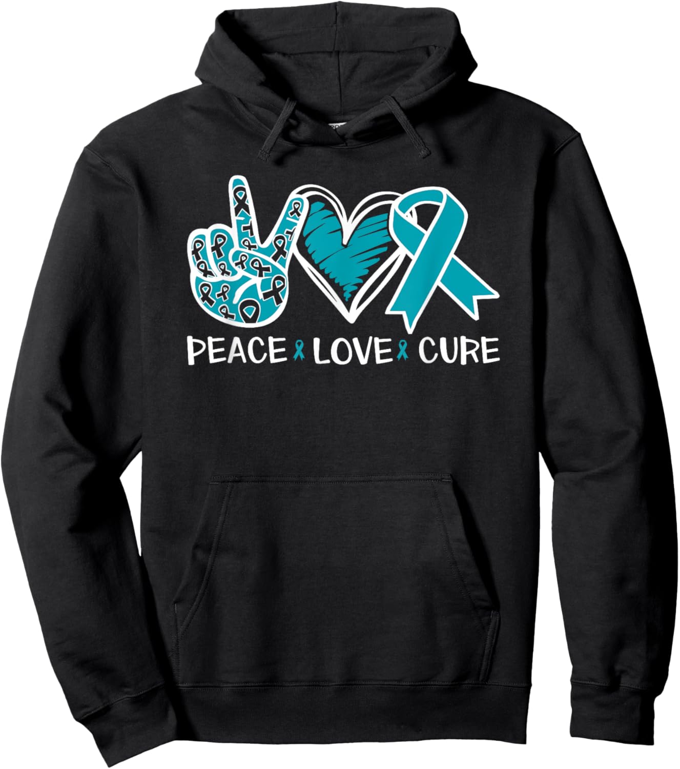 Ovarian Cancer Peace Love Cure Teal Ribbon Hoodie - Hoodie | Black