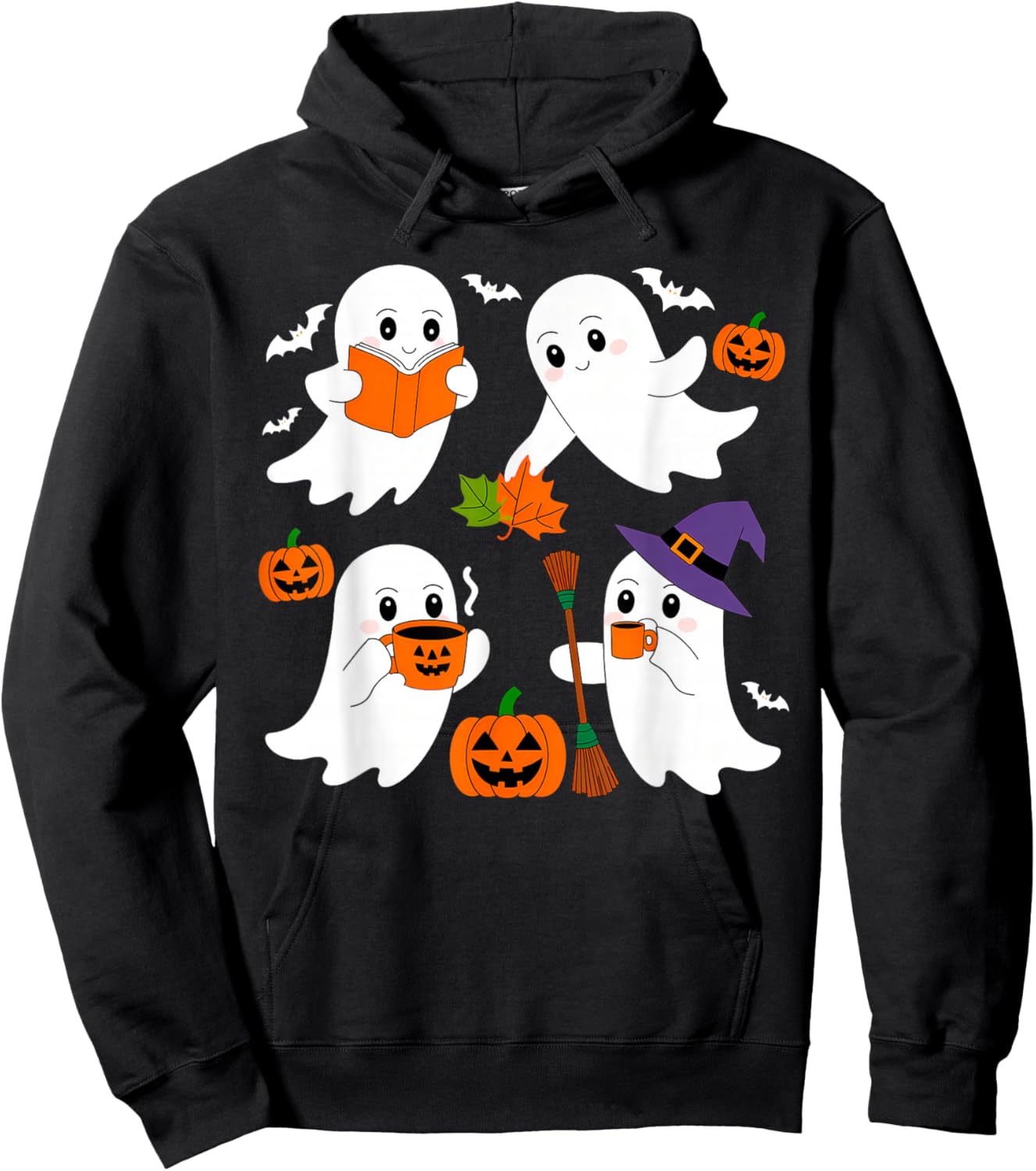 Cute Ghost Drinking Coffee Halloween Fall Ghost Book Reading Hoodie - Hoodie | Black