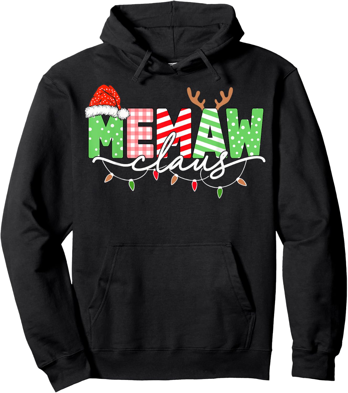 Memaw Claus Christmas Lights Santa Hat Family Matching Hoodie - Hoodie | Black