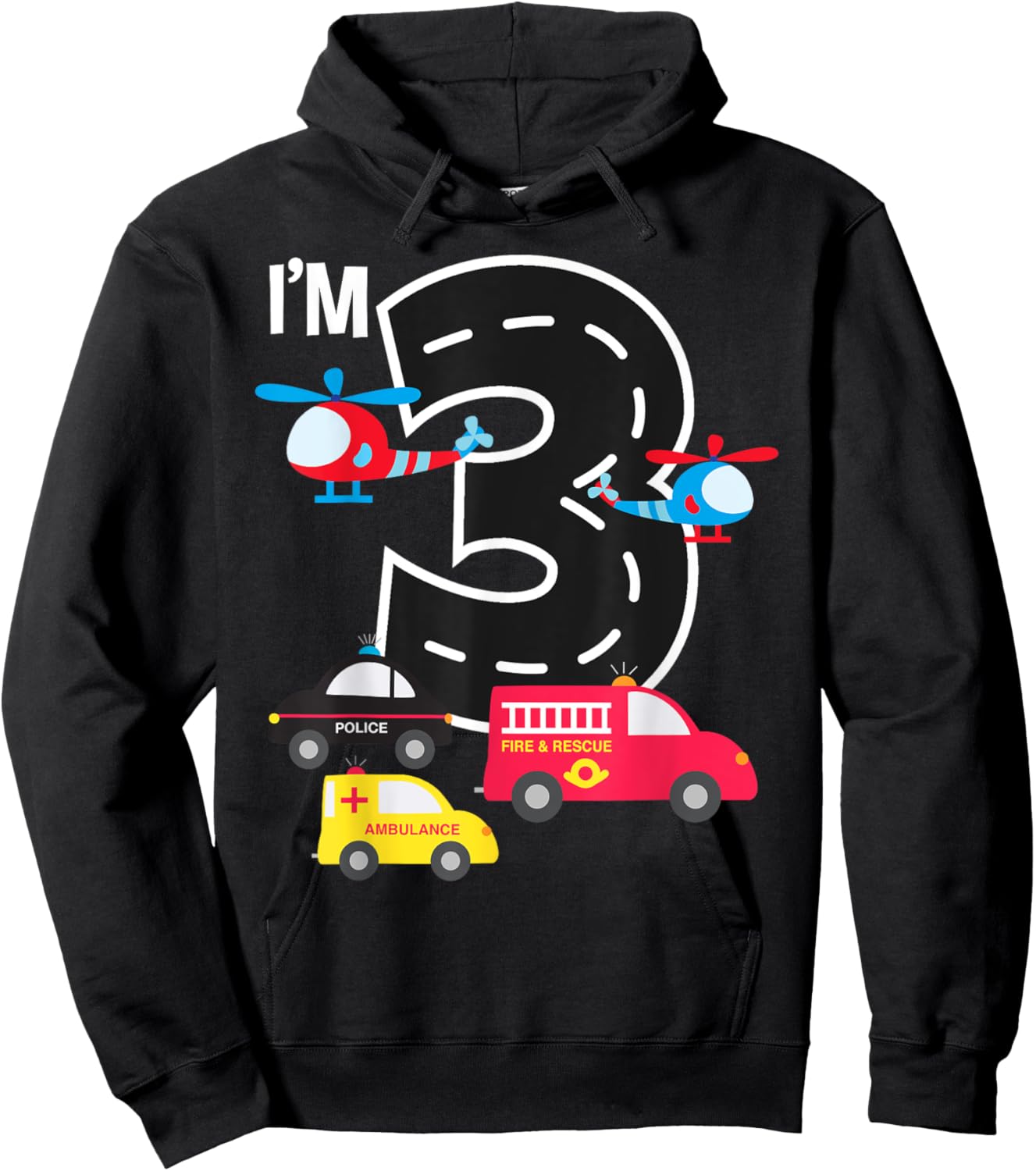 3rd Birthday Fire Truck Police Car Ambulance 3 Year Toddler Hoodie - Hoodie | Black