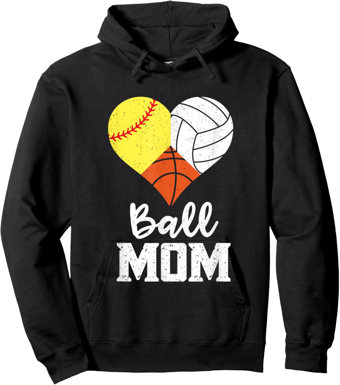 Ball Mom Heart Funny Volleyball Basketball Softball Mom Hoodie - Hoodie | Black
