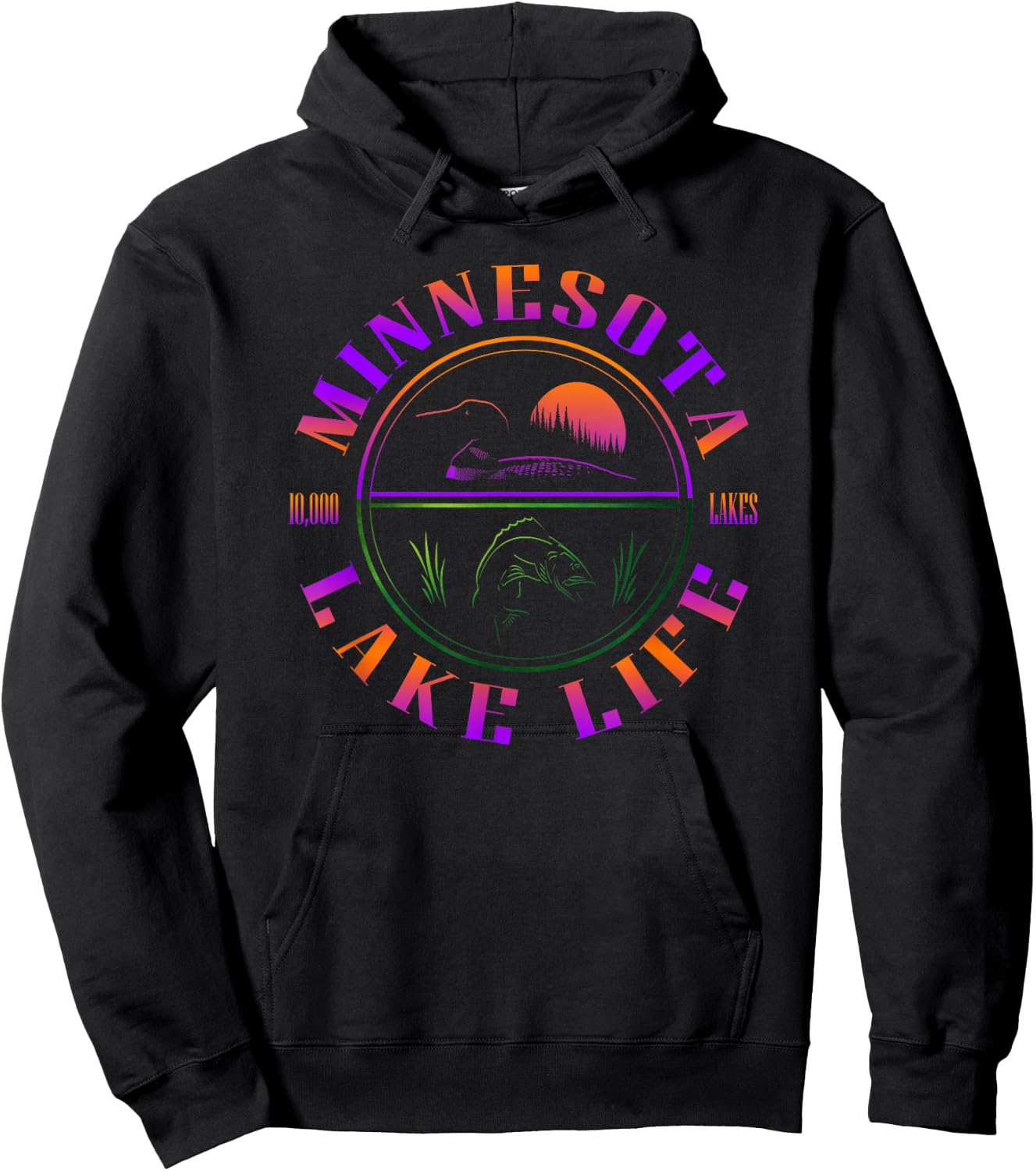 Minnesota Lake Life with Loon, Walleye, and Sunset Hoodie - Hoodie | Black
