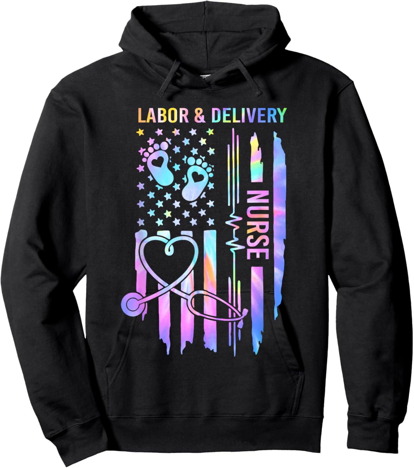 Labor and Delivery Nurse L&D Nurse Nursing USA Flag Tie Dye Women Men Hoodie - Hoodie | Black