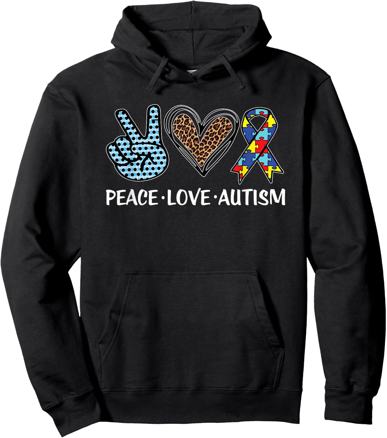 Peace Love Autism Puzzle Pieces Ribbon Autism Awareness Hoodie - Hoodie | Black